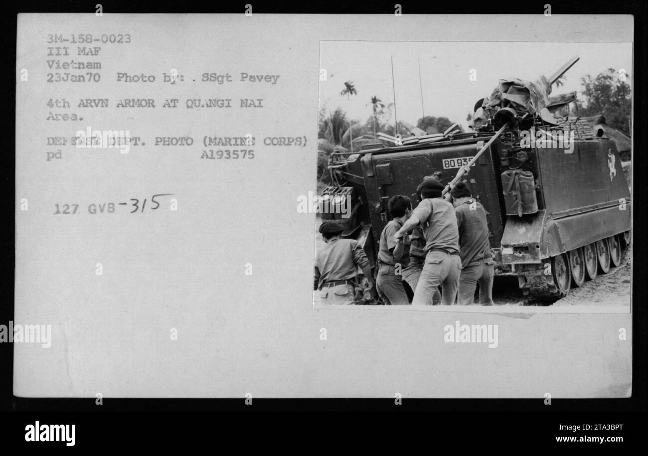 A photograph taken on January 23, 1970, showcases an ARVN (Army of the Republic of Vietnam) armor in the Quang Nai area during the Vietnam War. The image captures an armored vehicle identified as 3M-158-0023 III MAF Vietnam, taken by SSgt Pavey. It is a Defense Department photo (Marine Corps). Stock Photo