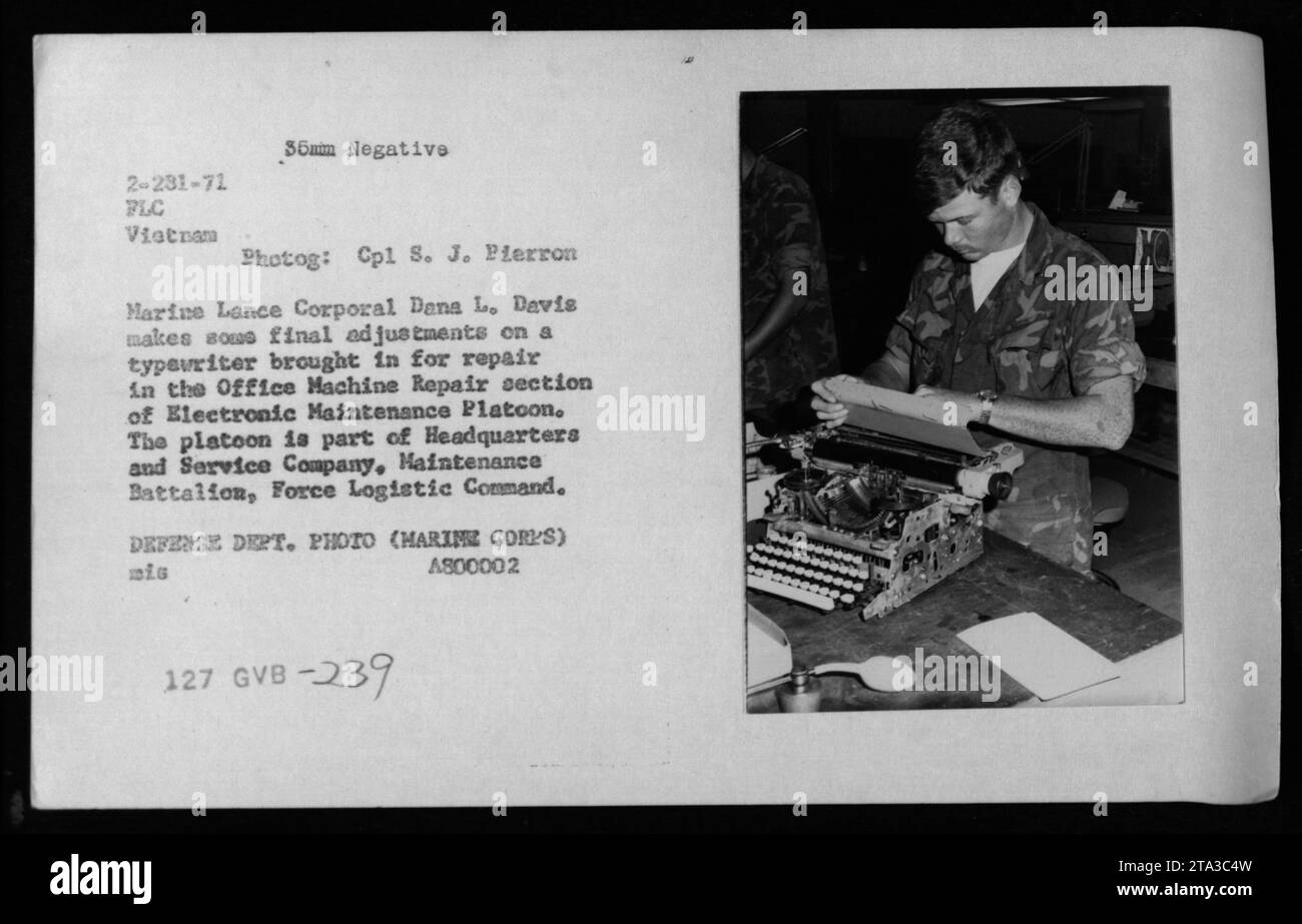 Lance Corporal Dana L. Davis of the Marine Corps is seen making final adjustments on a typewriter brought in for repair in the Office Machine Repair section of the Electronic Maintenance Platoon. This platoon belongs to Headquarters and Service Company of the Maintenance Battalion, Force Logistic Command during the Vietnam War. Stock Photo