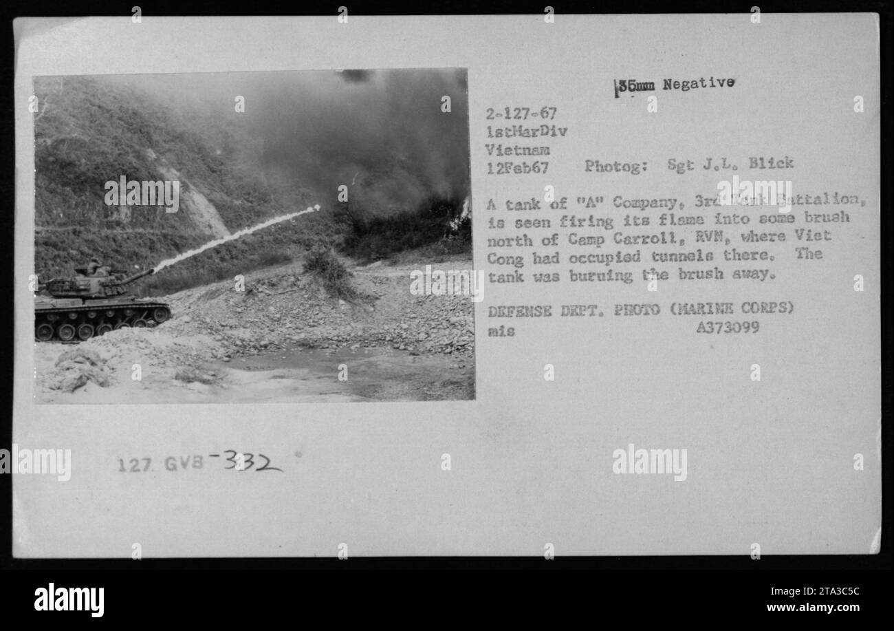 A Company tank from the 3rd Tank Battalion fires flames to clear brush ...
