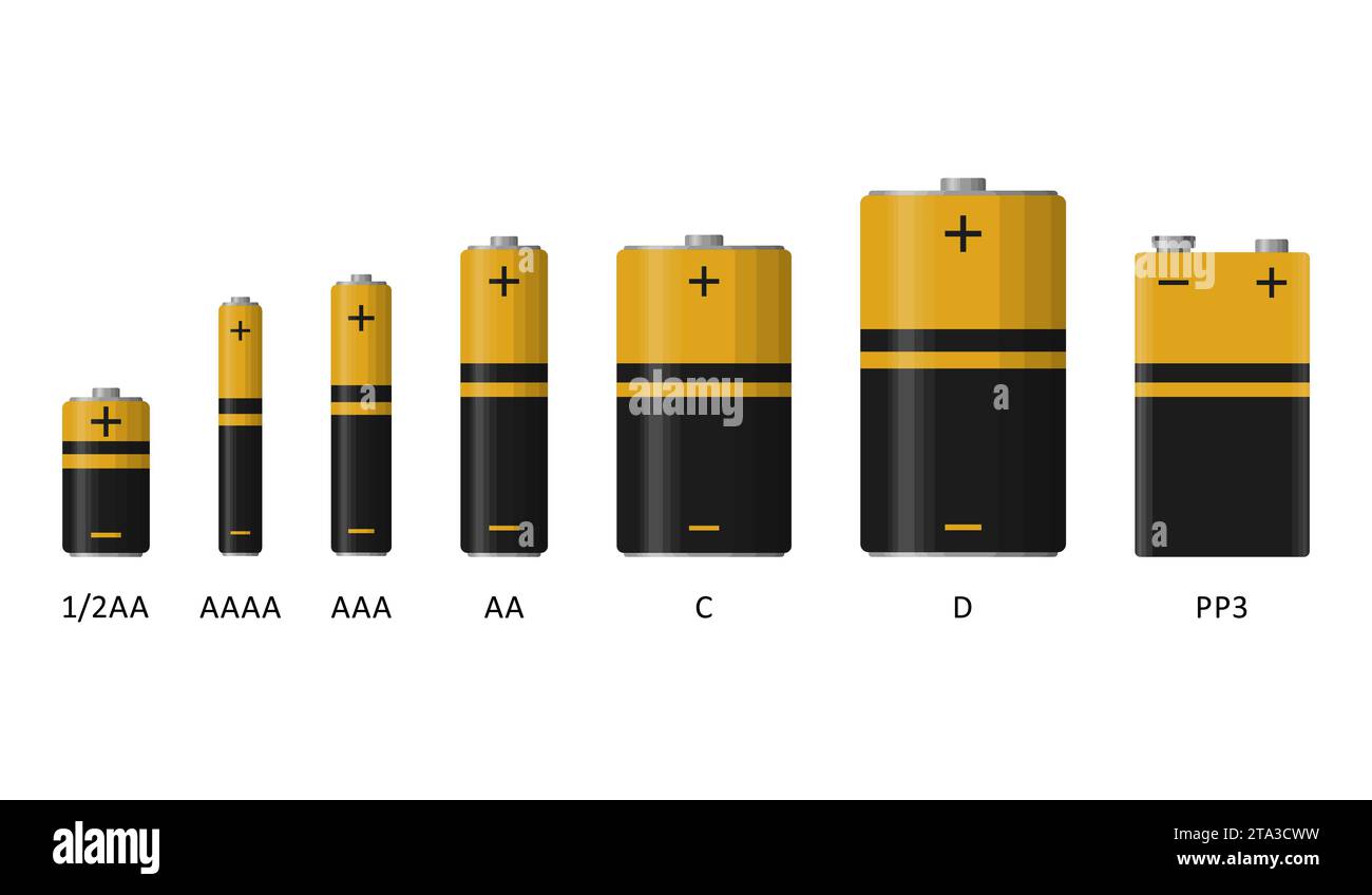 Alkaline battery set with different sizes isolated on white background. Rechargeable batteries flat modern style. Vector illustration. Stock Vector