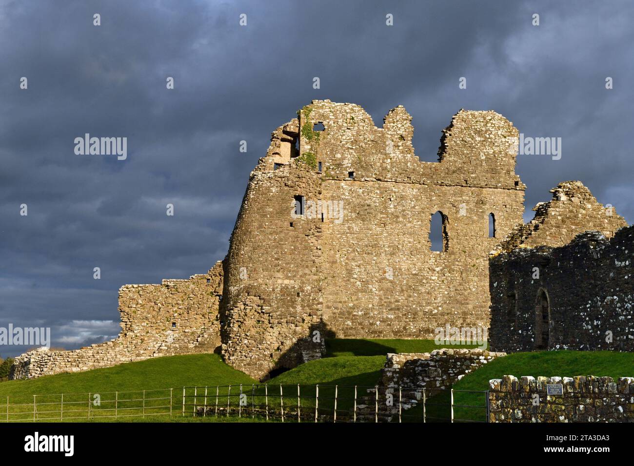 Ogmore Castle from the outside at Ogmore Village in the Vale of Glamorgan, South Wales on a sunny November day Stock Photo