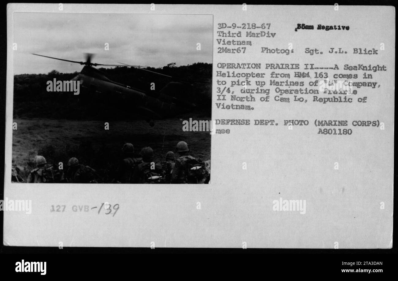 'SeaKnight Helicopter from HMM 163 picks up Marines of 'M' Company, 3/4 during Operation Prairie II North of Cant Lo, Republic of Vietnam. Operation Prairie II took place on March 2, 1967. Photo taken by Sgt. J.L. Blick. Image is credited to the Defense Department and Marine Corps.' Stock Photo