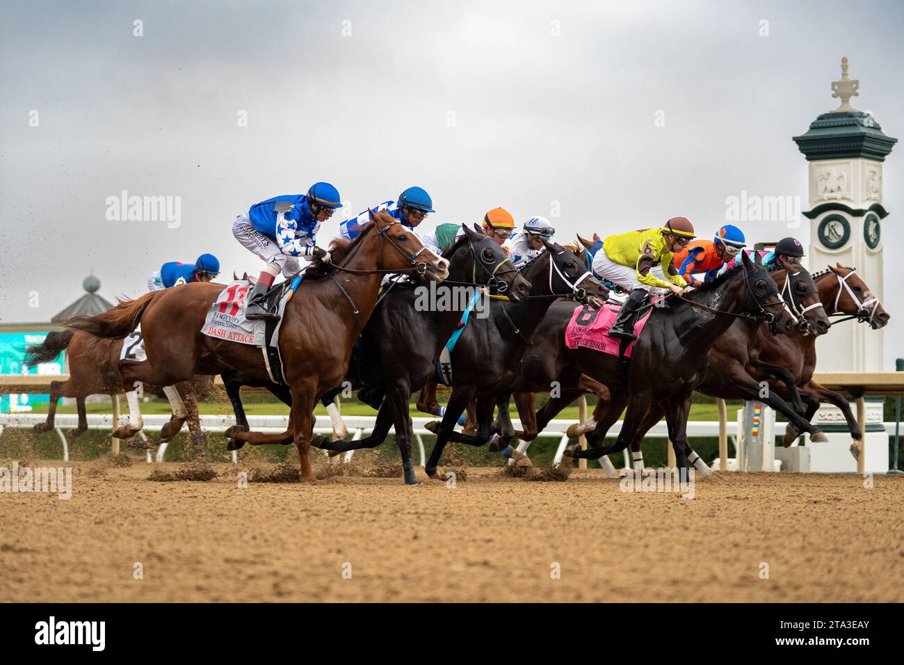 Horses race on the closing day of the Fall Meet on Saturday, Oct. 28, 2023, at Keeneland in Lexington, Kentucky. Stock Photo