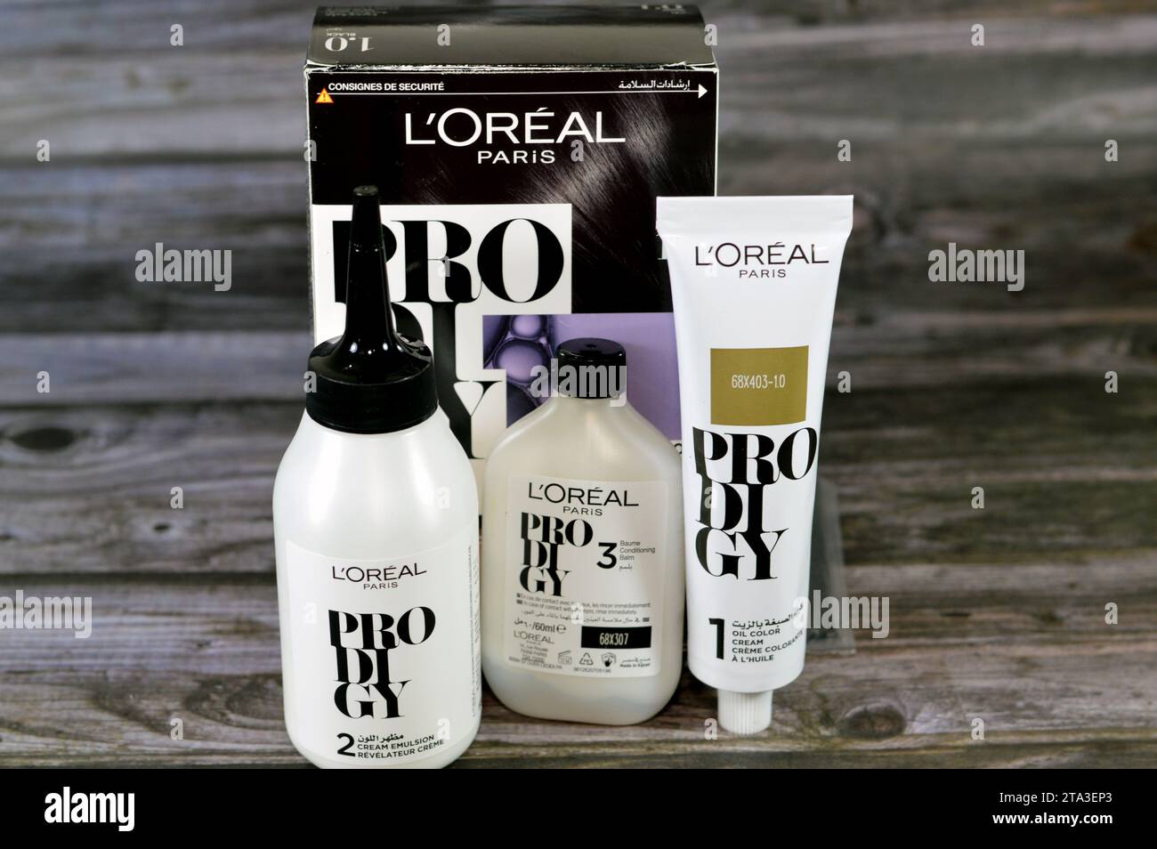 Cairo, Egypt, November 6 2023: L'Oreal Paris Prodigy hair color, made using micro-oil technology that helps hair feel smoother and nourished, L'Oréal Stock Photo