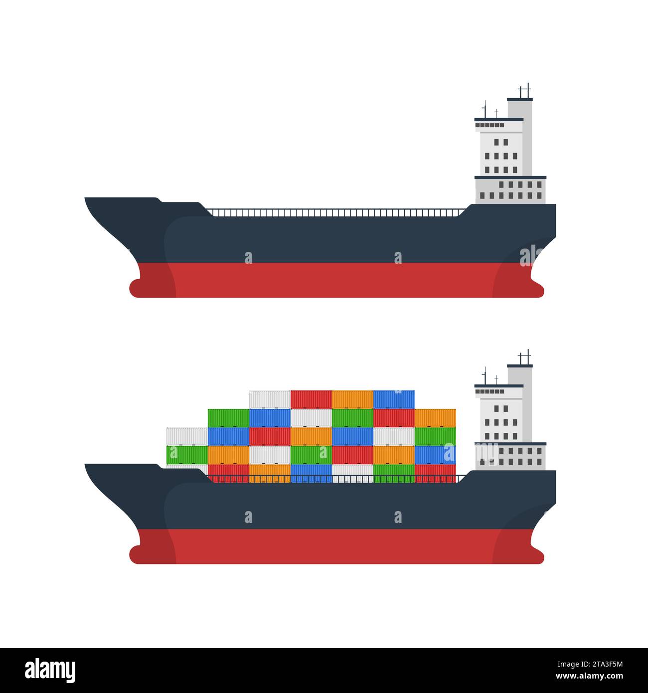 Empty and loaded cargo ship with containers isolated on white. Freight transport with container ship. Import and export maritime logistic service. Stock Vector