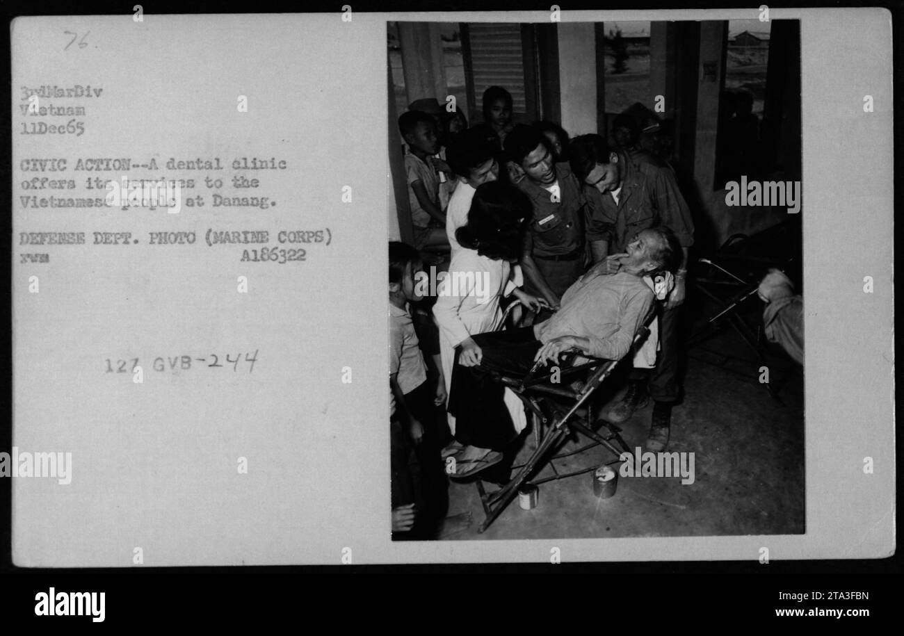 A dental clinic at Danang offering its services to the Vietnamese people during MEDCAP in December 1965. This photograph shows the efforts of the 3rd Marine Division in Vietnam engaging in civic action. Photo taken by the Defense Department (Marine Corps) under the identification A186322. Stock Photo