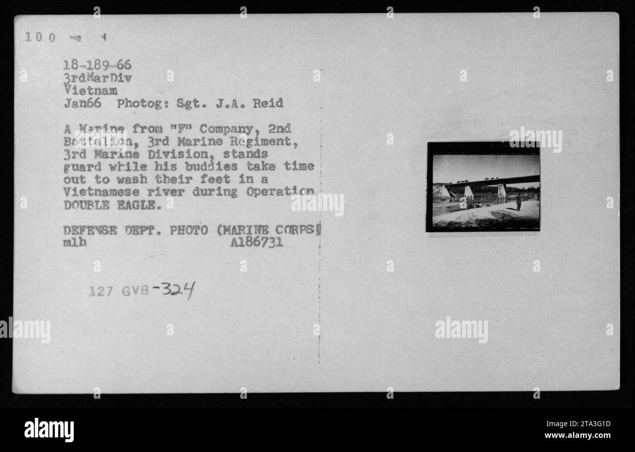 Marine stands guard as others wash their feet in a Vietnamese river