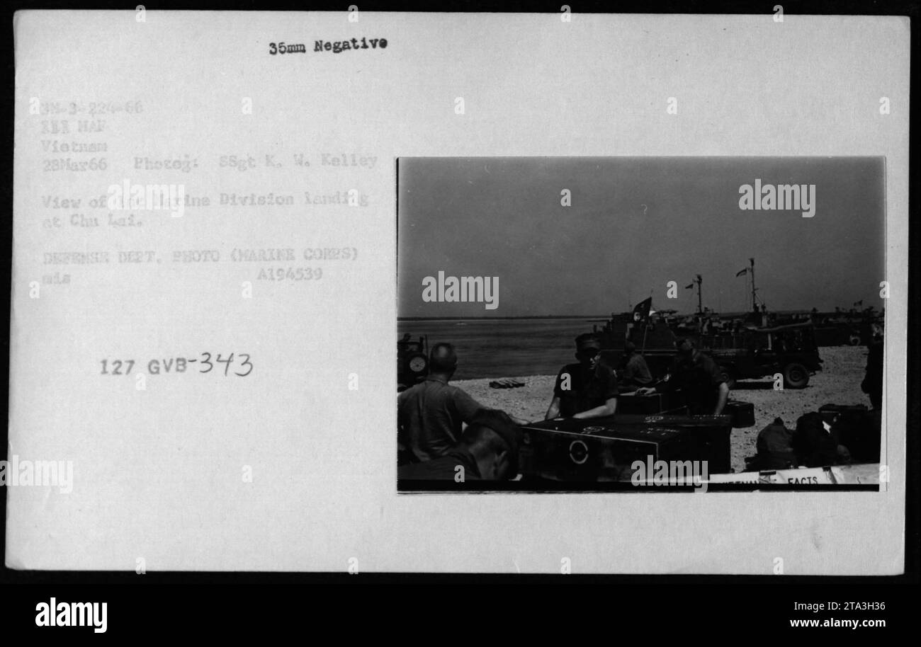 1st Marine Division leading at Chu Lai during the Vietnam War, captured on March 28, 1966. The image showcases various military vehicles, including jeeps, 'mules', trucks, and dune buggies. Photographed by SSgt K. W. Kelley, the 35mm negative depicts the vehicles in motion. This photo is part of the collection 'Photographs of American Military Activities during the Vietnam War.' Classification code: 38-3-224-66. Stock Photo