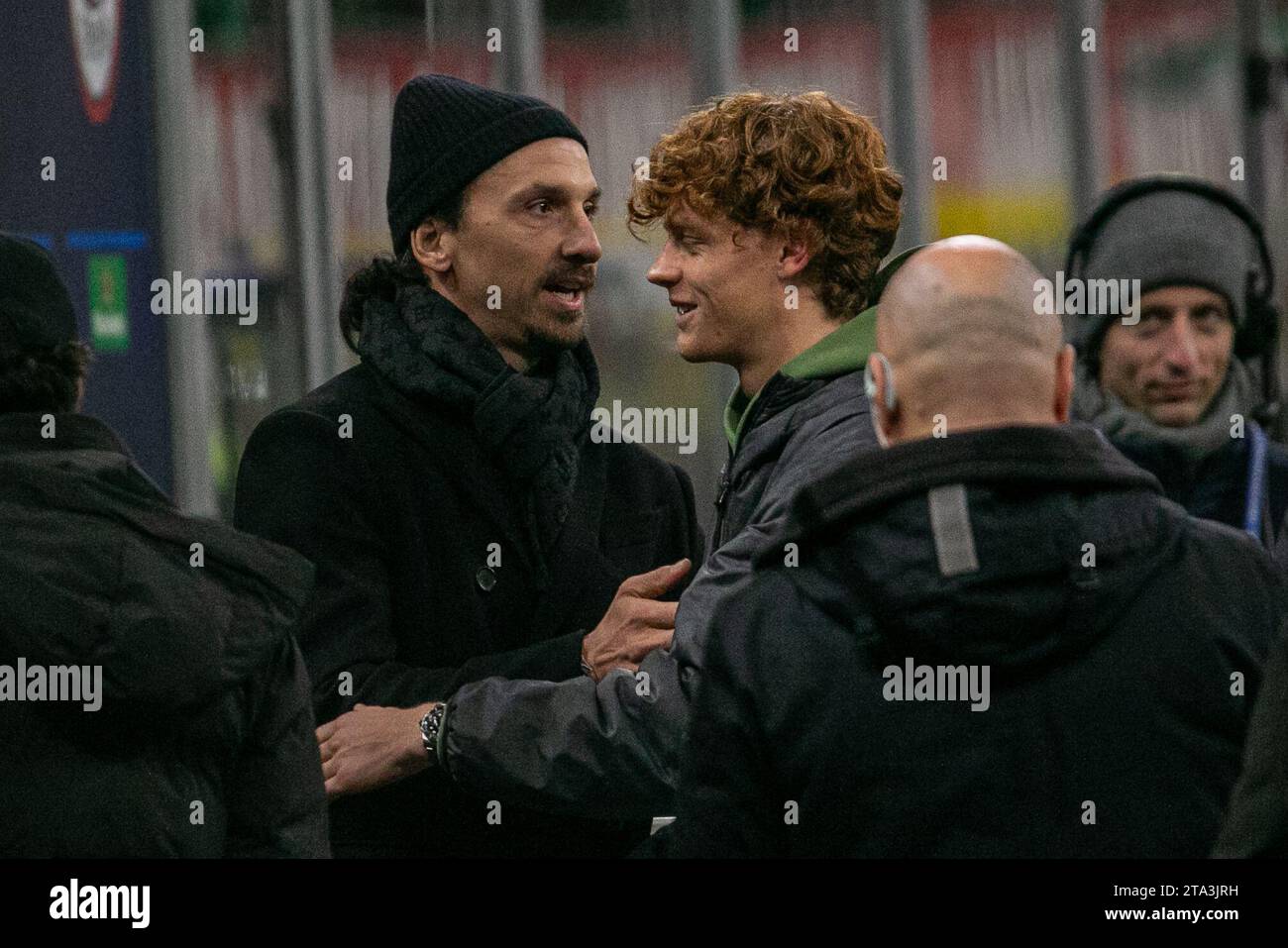 Milan, Italy - november 28 2023 - champions league - Milan-Borussia Dortmund - zlatan ibrahimovic meets Jannik Sinner before the match Credit: Kines Milano/Alamy Live News Stock Photo