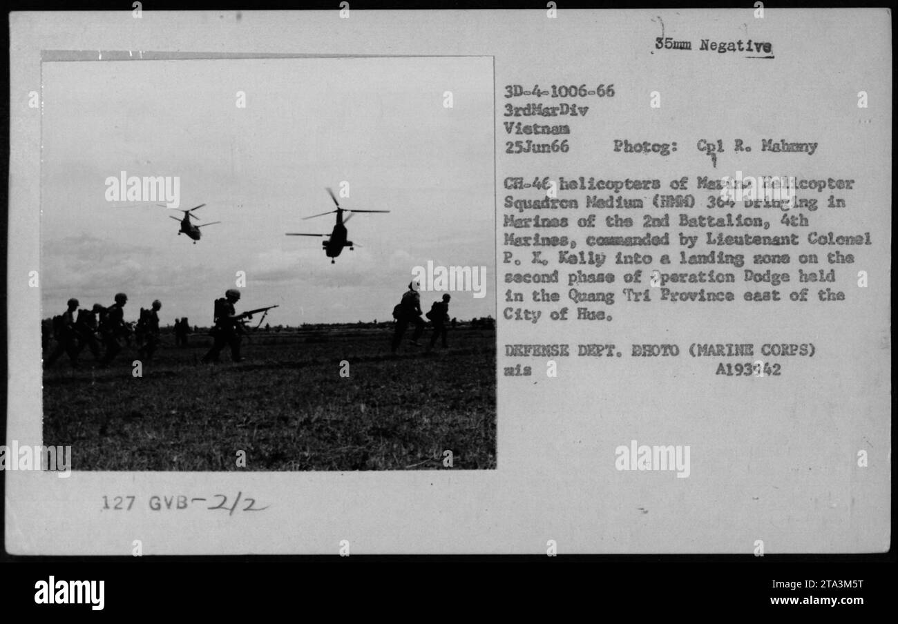 Caption: CH-46 helicopters from Marine Helicopter Squadron Medium (90) 364, during the second phase of Operation Dodge on June 25, 1966. The helicopters are seen bringing in Marines of the 2nd Battalion, 4th Marines, led by Lt. Col. P. X. Kelly, to a landing zone in the Quang Tri Province, east of the City of Hue. Photograph taken by Cpl. R. Mahrmy. DEFENSE DEPT. PHOTO (MARINE CORPS) mis A193942. Stock Photo