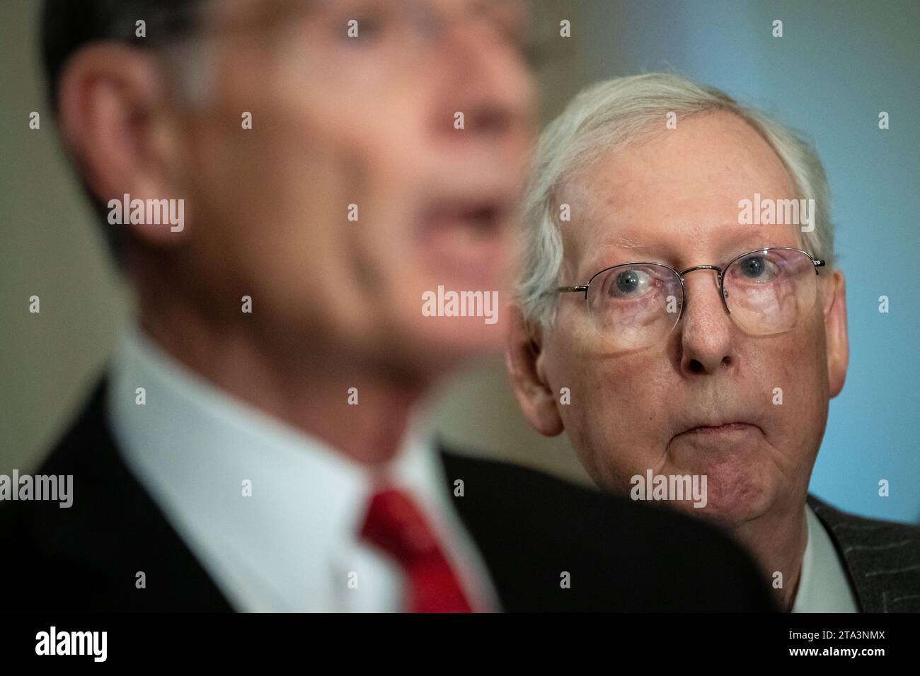 Senator Mitch McConnell (R-KY), the Senate Minority Leader, during the weekly Senate Republican Leadership press conference, at the U.S. Capitol, in Washington, D.C., on Tuesday, November 28, 2023. (Graeme Sloan/Sipa USA) Stock Photo