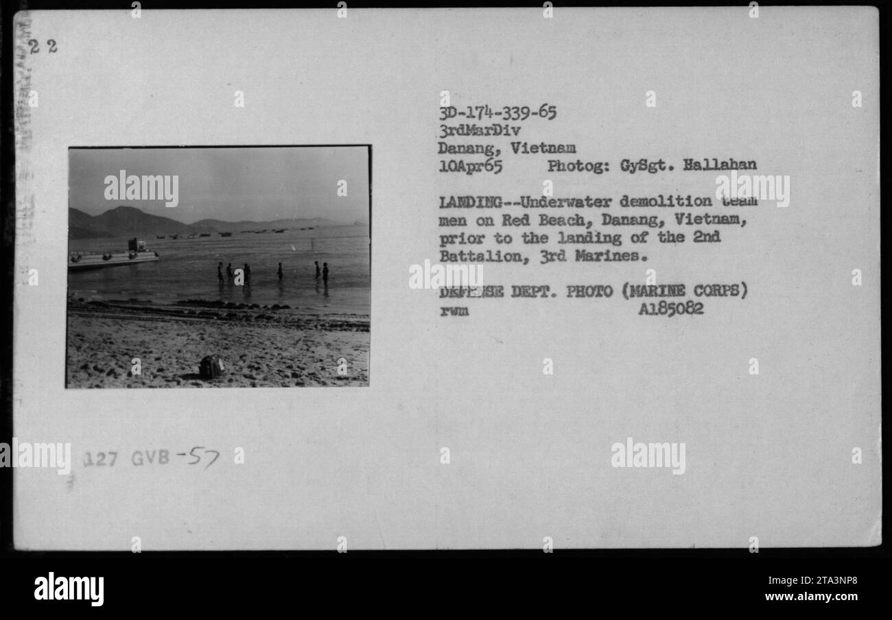 'Underwater demolition team members prepare for the landing of the 2nd Battalion, 3rd Marines on Red Beach in Danang, Vietnam. This photo, dated April 10, 1965, shows the military activities during the Vietnam War. Taken by GySgt. Hallahan, this Defense Department photo captures the preparations for establishing beachheads.' Stock Photo