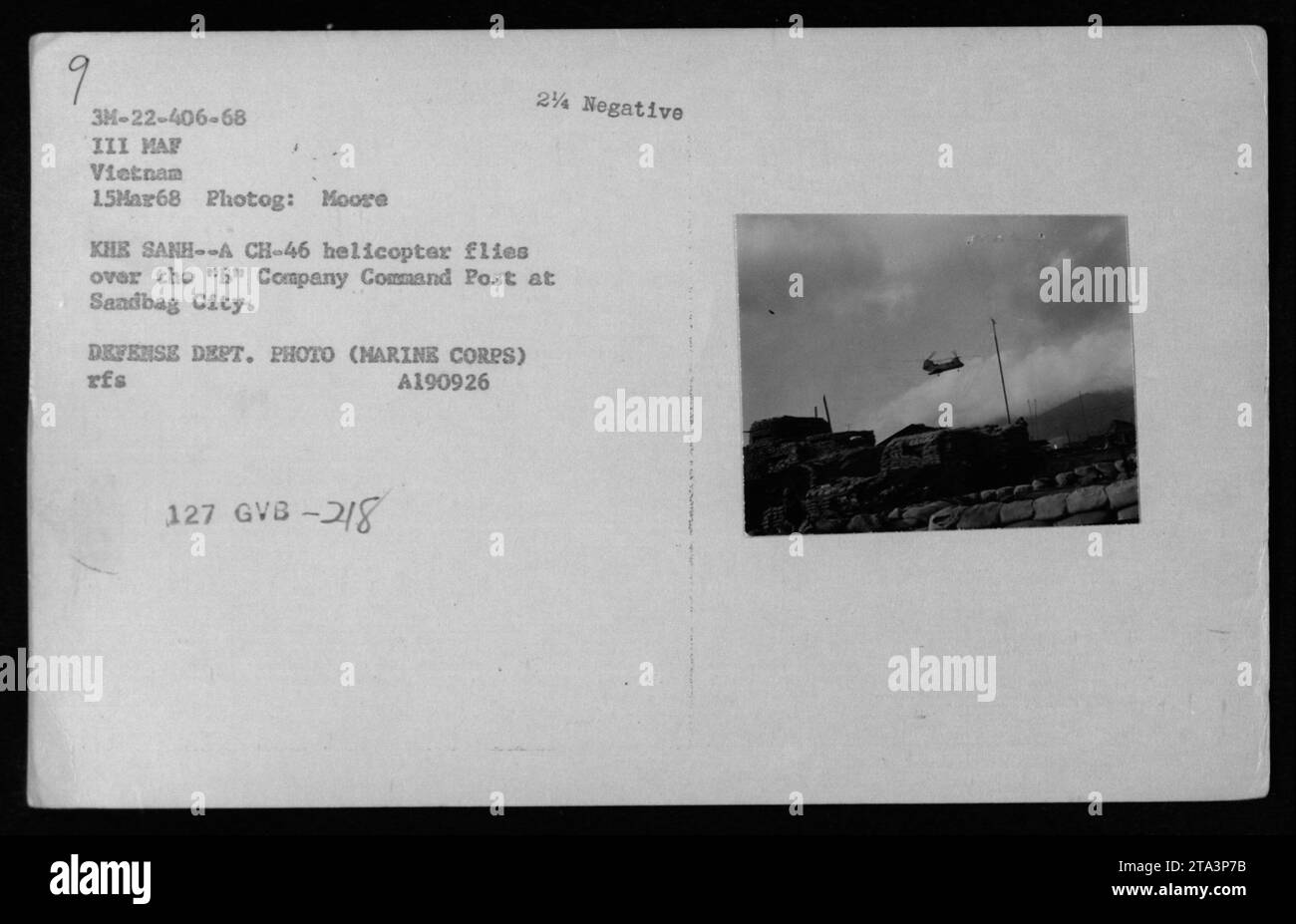 A CH-46 helicopter flies over the B Company Command Post at Sandbag ...