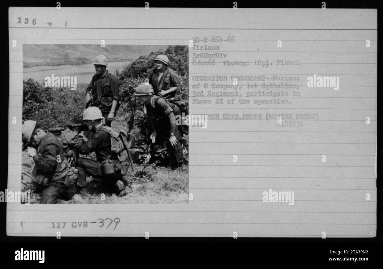 US Marines from C Company, 3rd Battalion, 3rd Regiment, take part in Phase XI of Operation Cormorane during the Vietnam War. The photo, taken on June 6, 1966, showcases the soldiers equipped with various US weapons in use at the time. The Defense Department captured this image as part of their documentation of American military activities. Stock Photo