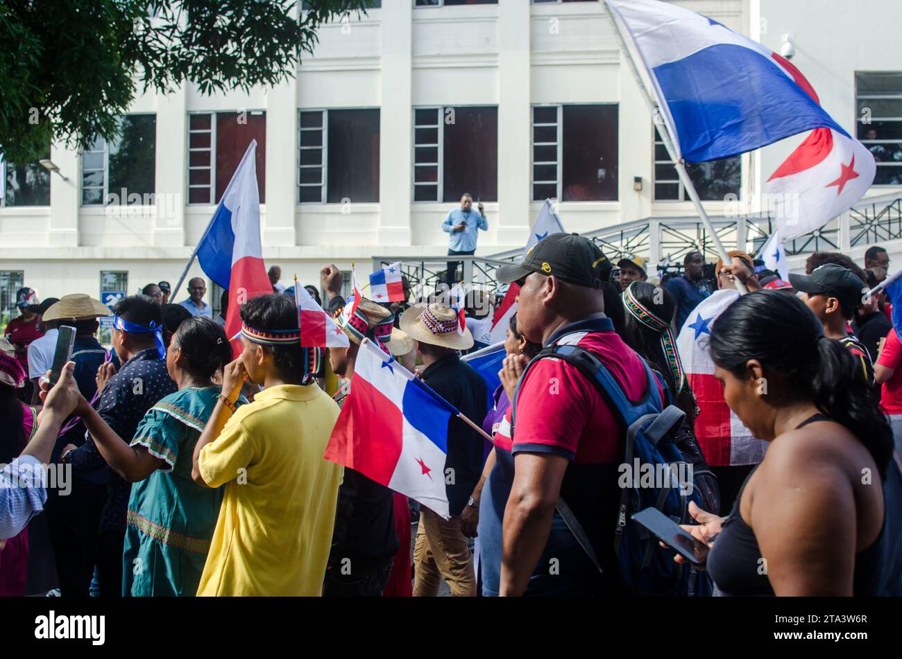 People from different groups celebrate outside the Supreme Court of Justice of Panama, after the ruling of unconstitutionality issued hours before. Stock Photo