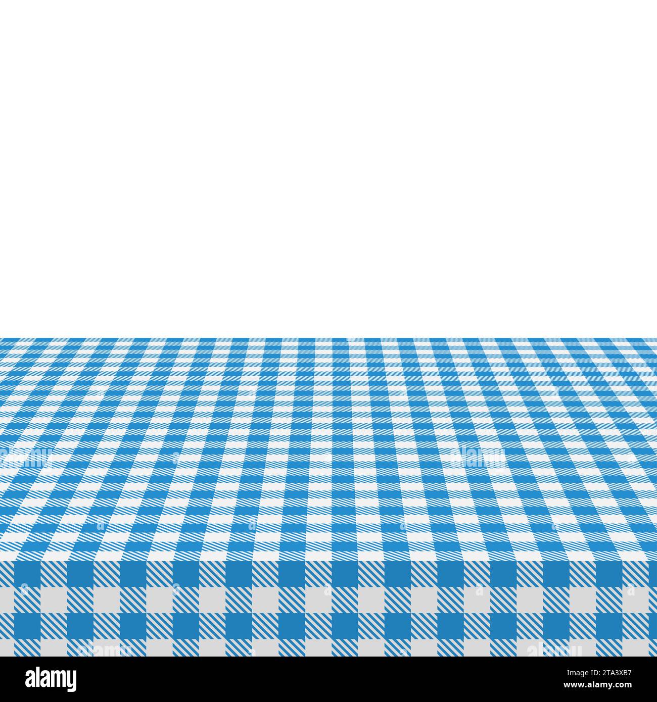 The picnic table is covered with a checkered tablecloth. White blue