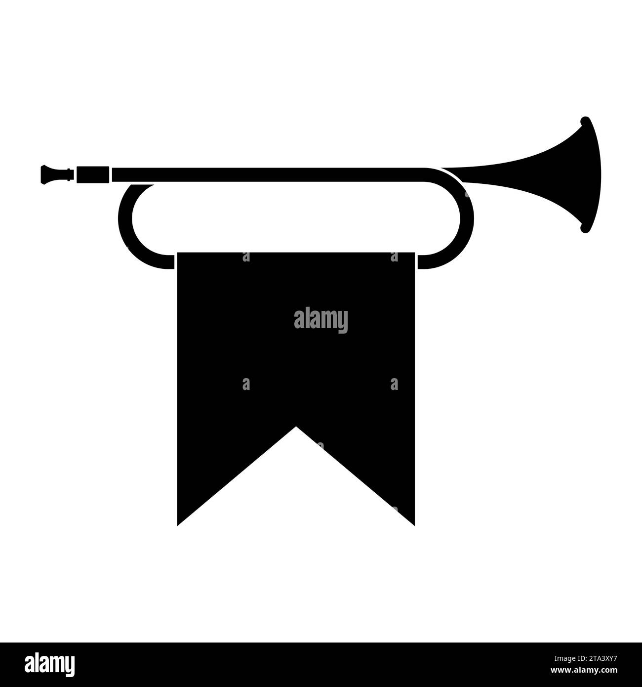 Horn trumpet icon musical instrument isolated on white background. Royal fanfare with triumphant flag for play music. Vector illustration. Stock Vector