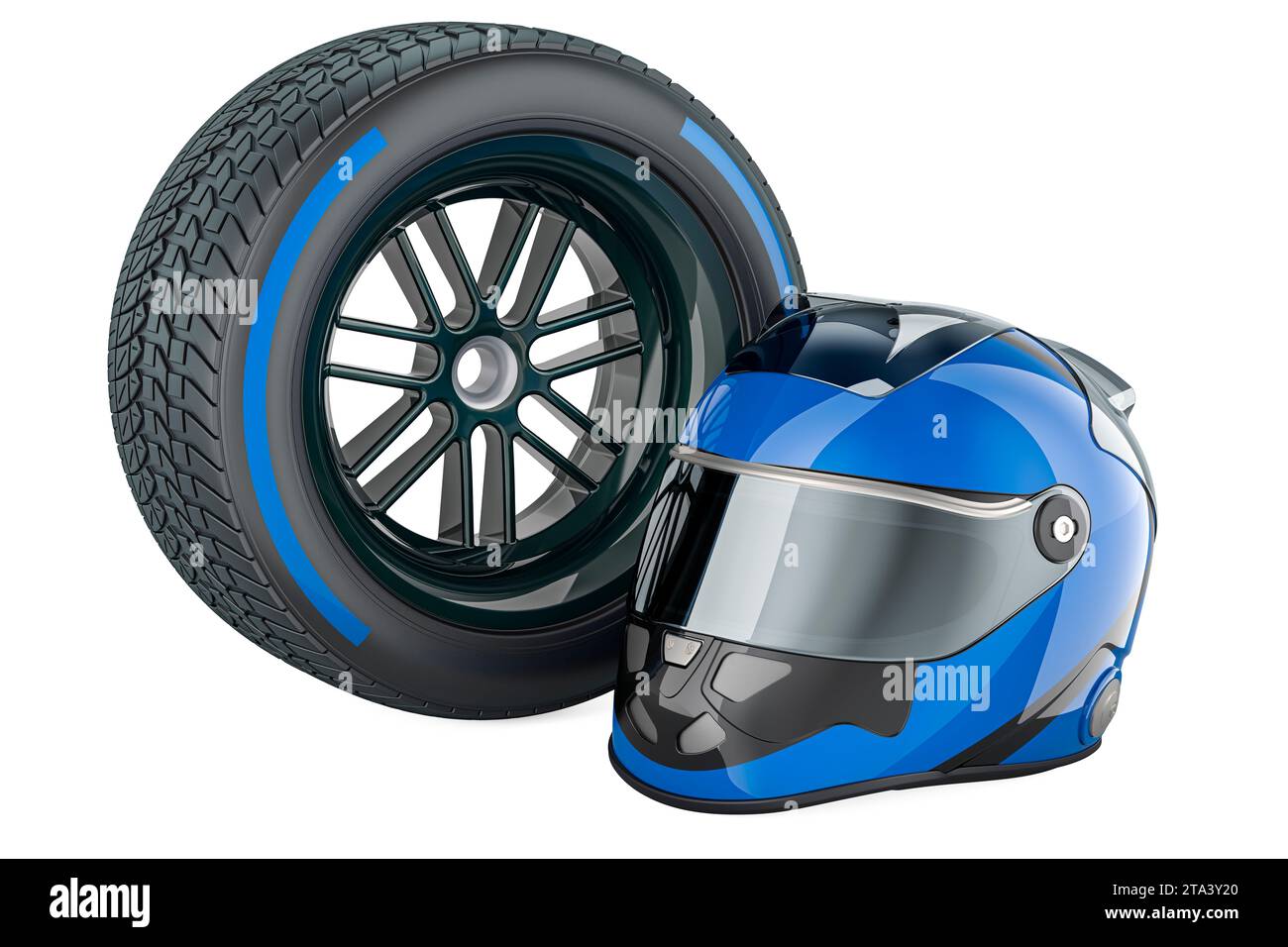 Racing Helmet with racing wheel Blue Wet, compound type tyre. 3D rendering isolated on white background Stock Photo