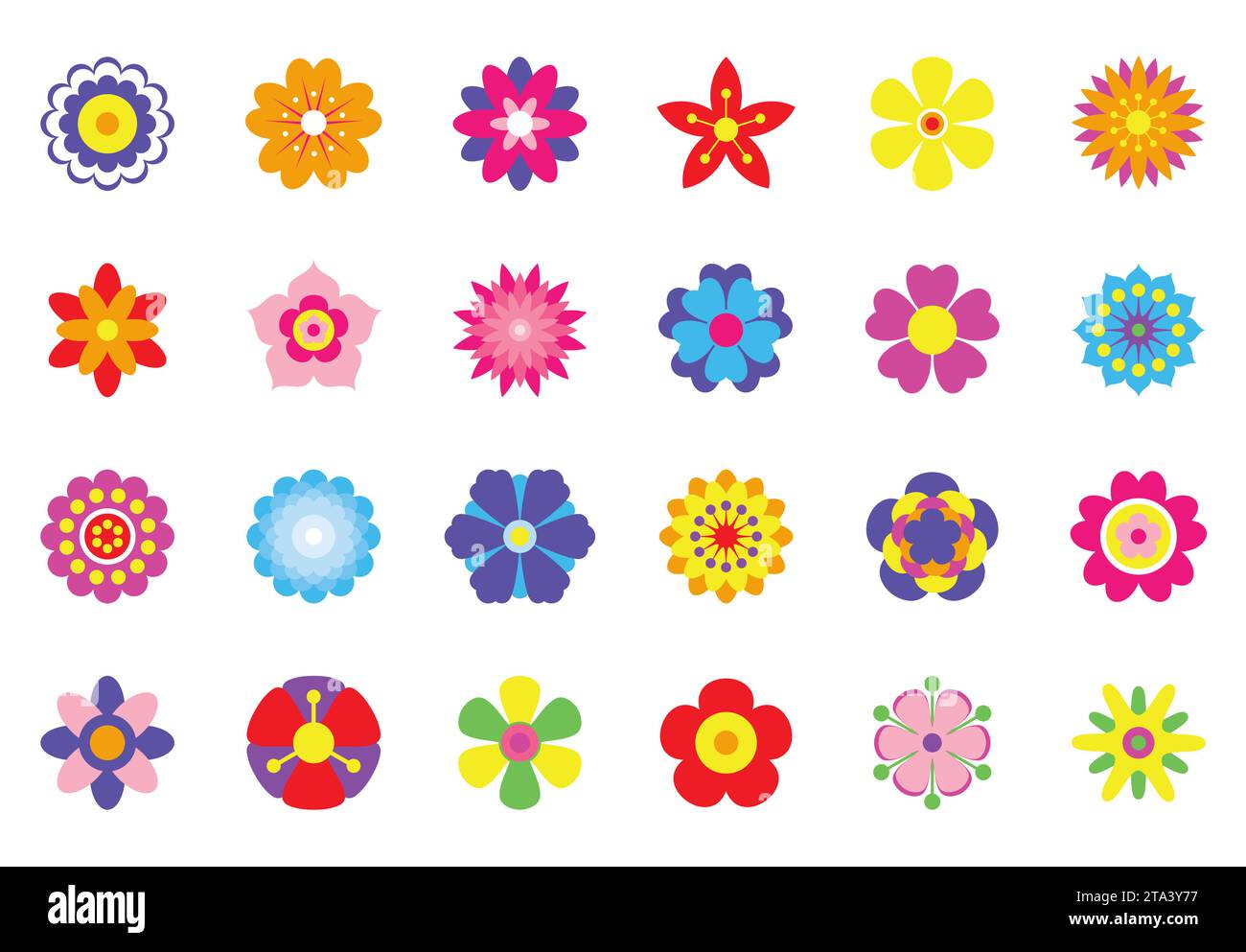 Set of flat spring flower icons isolated on white background. Simple colorful floral icons in