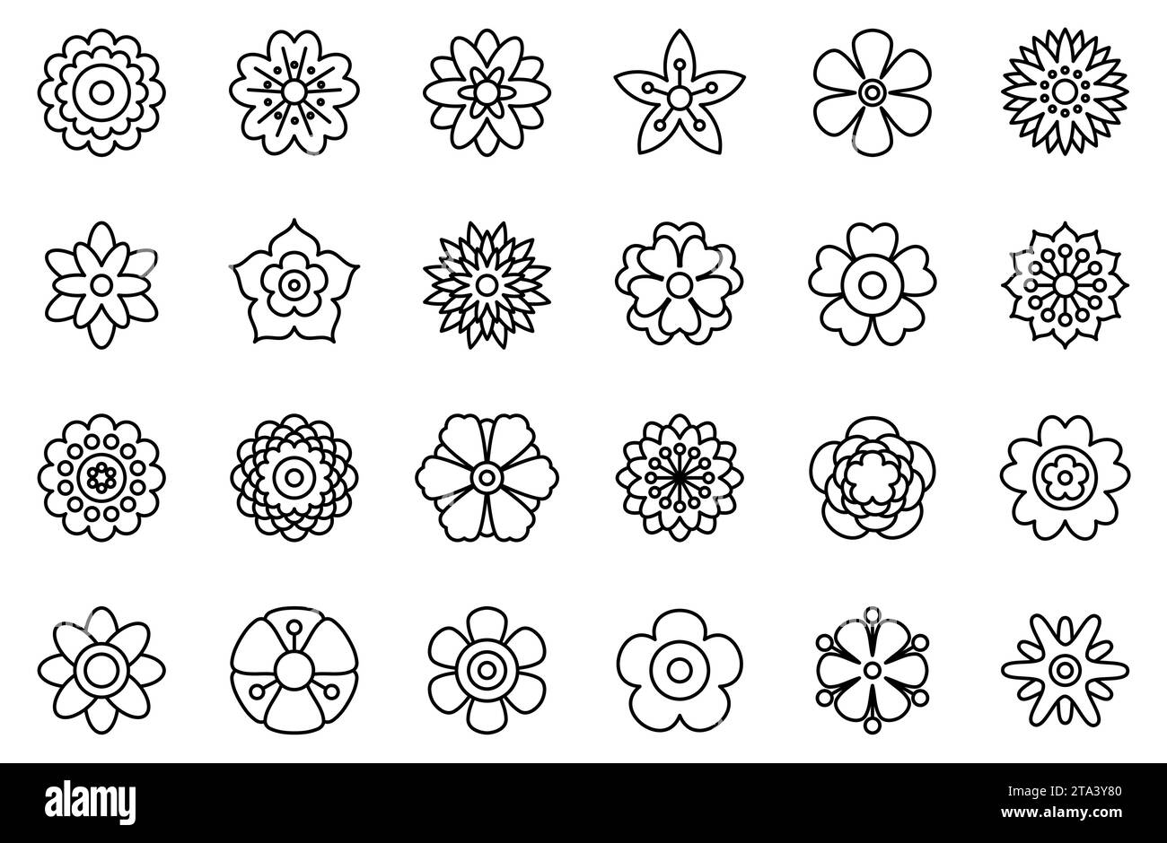Set of spring flower line icons isolated on white background. Simple floral icons. Decorative