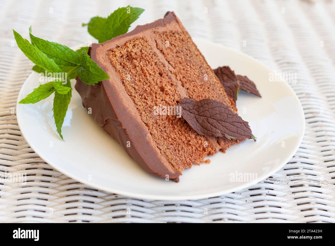 A slice of rich, decadent frosted chocolate cake on a white plate, decorated with fresh and chocolate-covered mint leaves, all on a white wicker table Stock Photo