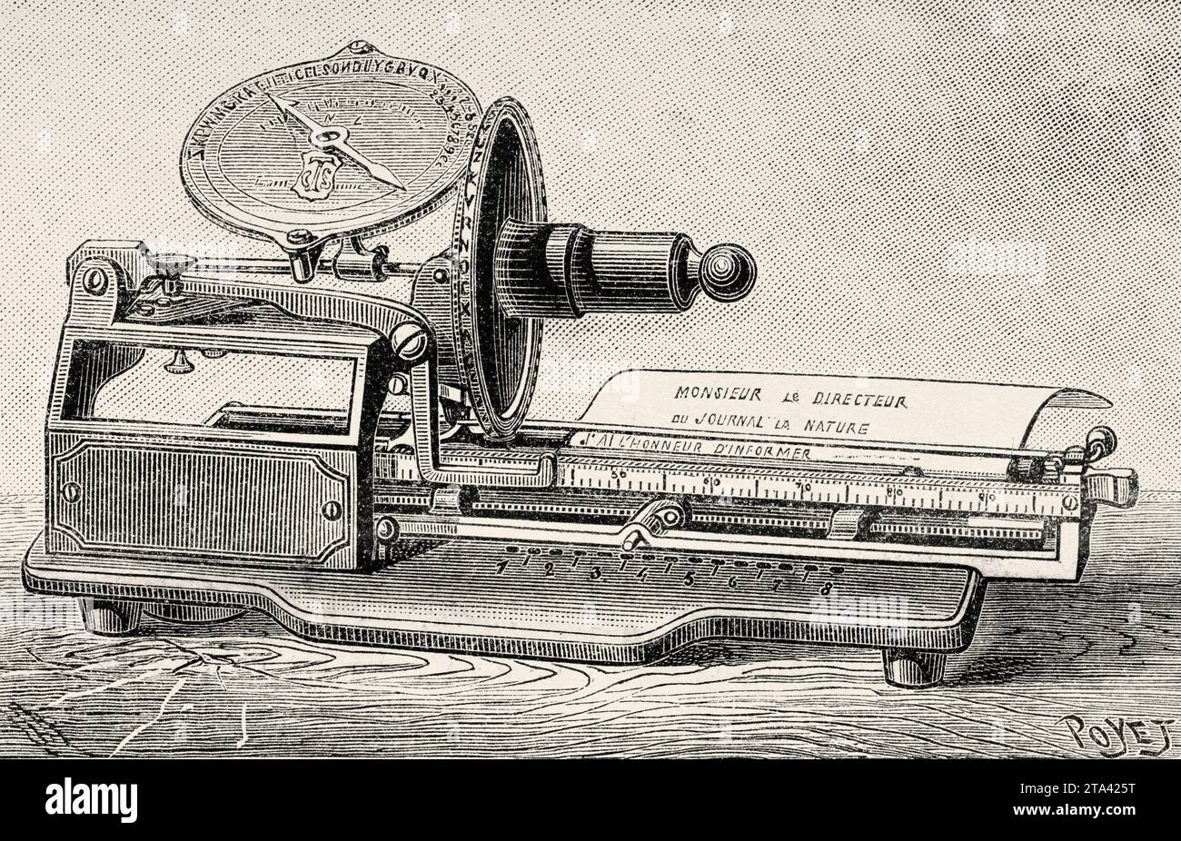 The Columbia typewriter by the legendary typewriter pioneer Charles Spiro. Old illustration by Louis Poyet (1846-1913) from La Nature 1887 Stock Photo