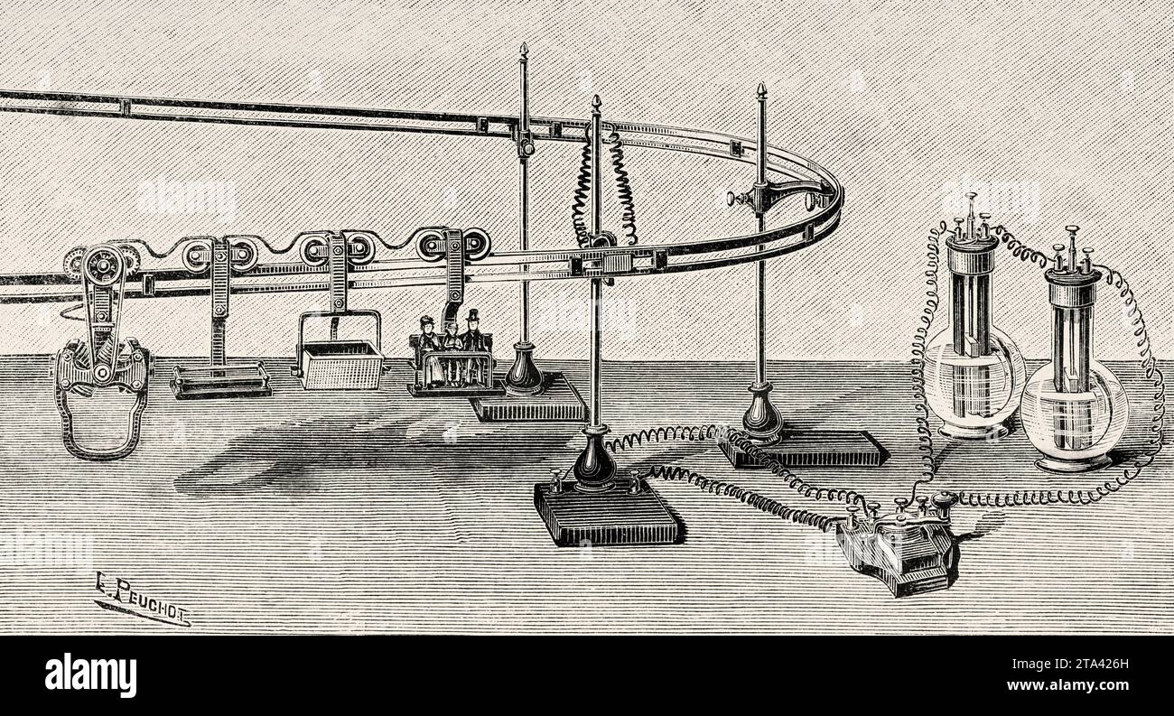 Scientific recreation, a small electric railway toy. Old illustration from La Nature 1887 Stock Photo