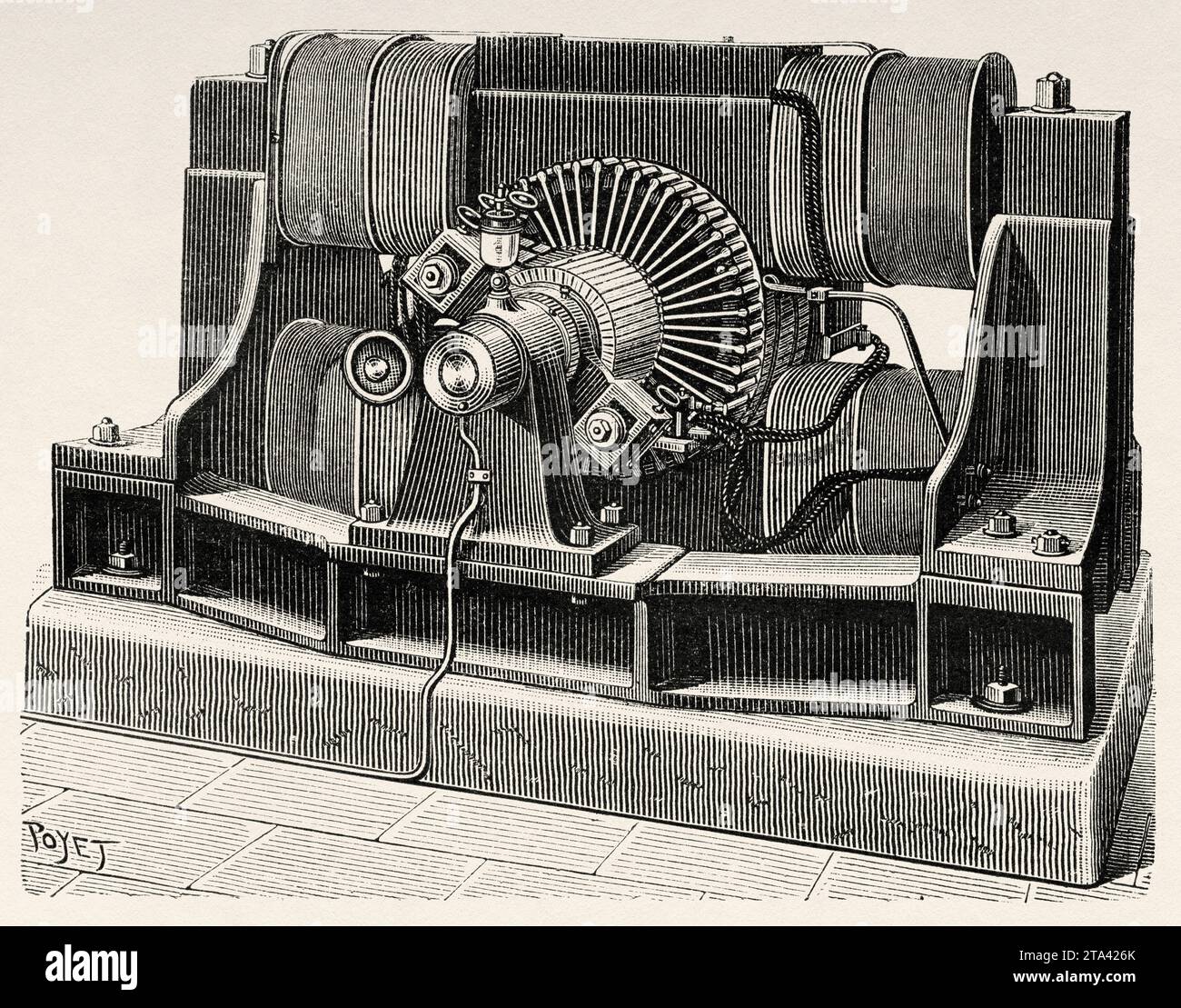 Electric dynamo, Phoenix machine. Old illustration by Louis Poyet (1846