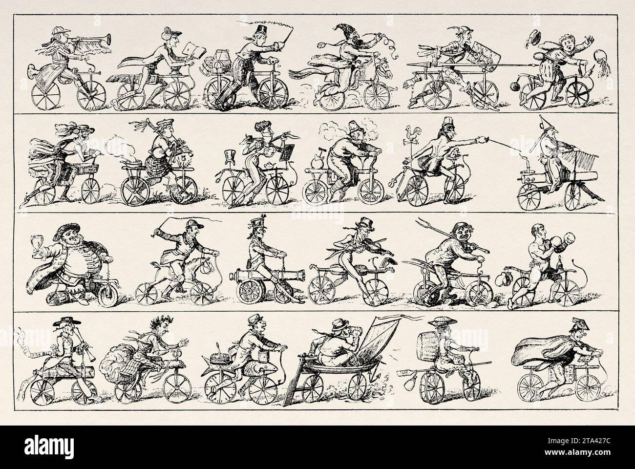 Velocipede. Every Man on his Perch, or Going to the Hobby Fair. English cartoon, 1819, by George Cruikshanks on the velociped mania. Old illustration from La Nature 1887 Stock Photo