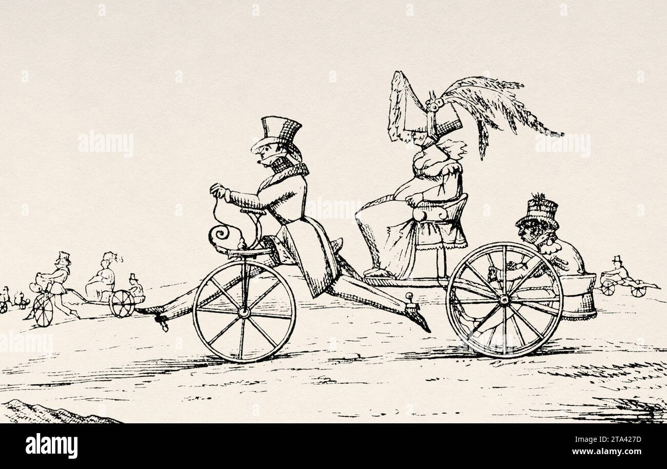 English cartoon about velocipedes. Old illustration from La Nature 1887 Stock Photo
