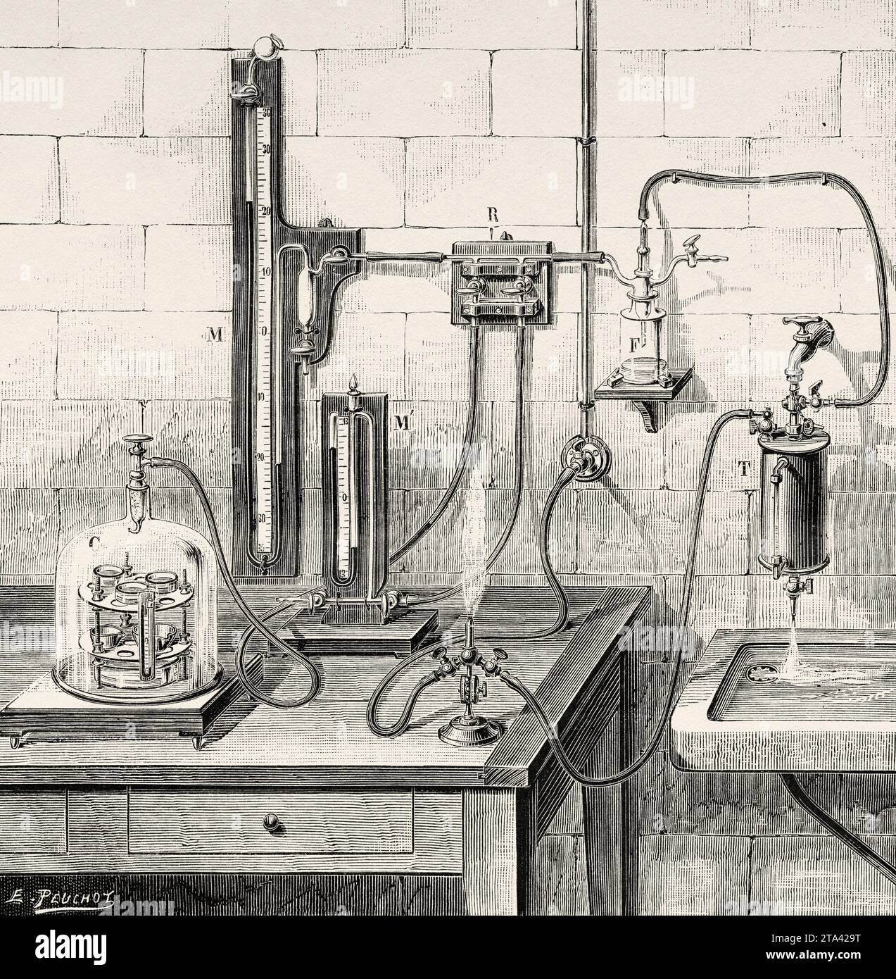 Laboratory tools. Suction and blowing tube and its applications in the laboratory T- Apparatus assembly, F- Safety bottle, R-  Glass taps, M- Manometer, C- Bell with ground edges. Old illustration from La Nature 1887 Stock Photo
