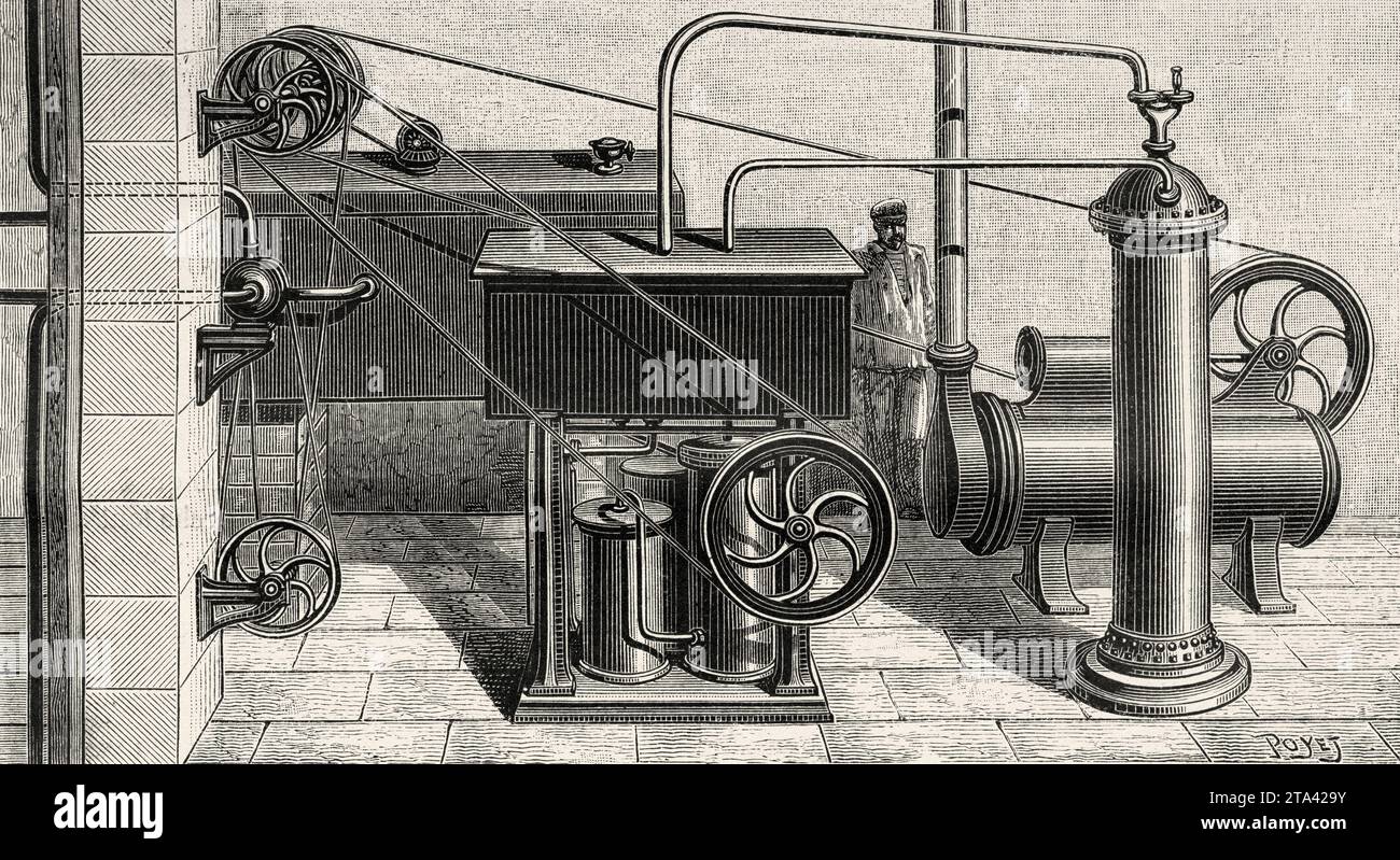 Refrigeration unit at the Paris morgue, France. Old illustration by Louis Poyet (1846-1913) from La Nature 1887 Stock Photo