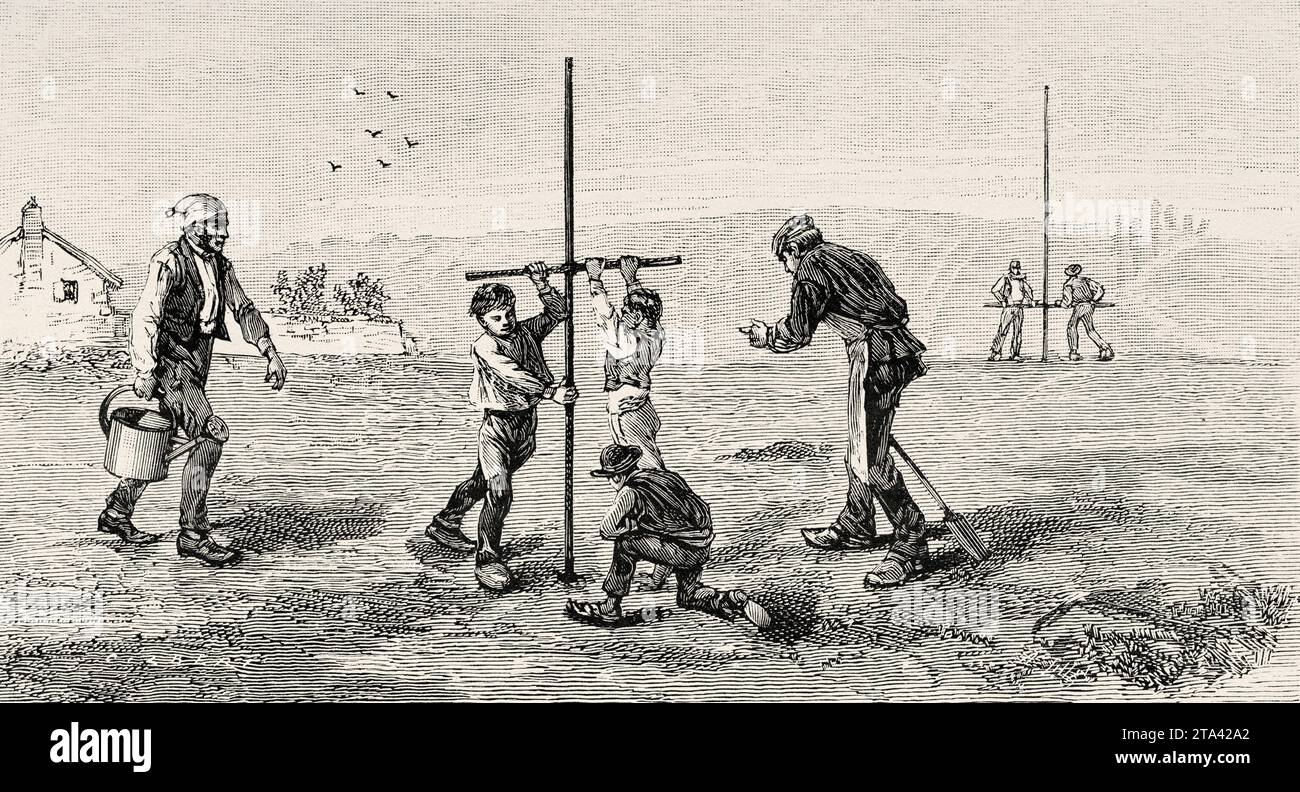 Picardy phosphates. Research for phosphates in Beauval (Somme) using the arm probe. Old illustration from La Nature 1887 Stock Photo