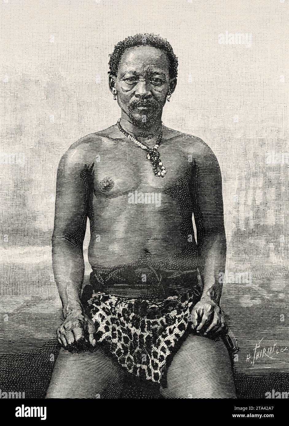 Portrait of a Bushman man. Old illustration from La Nature 1887 Stock Photo