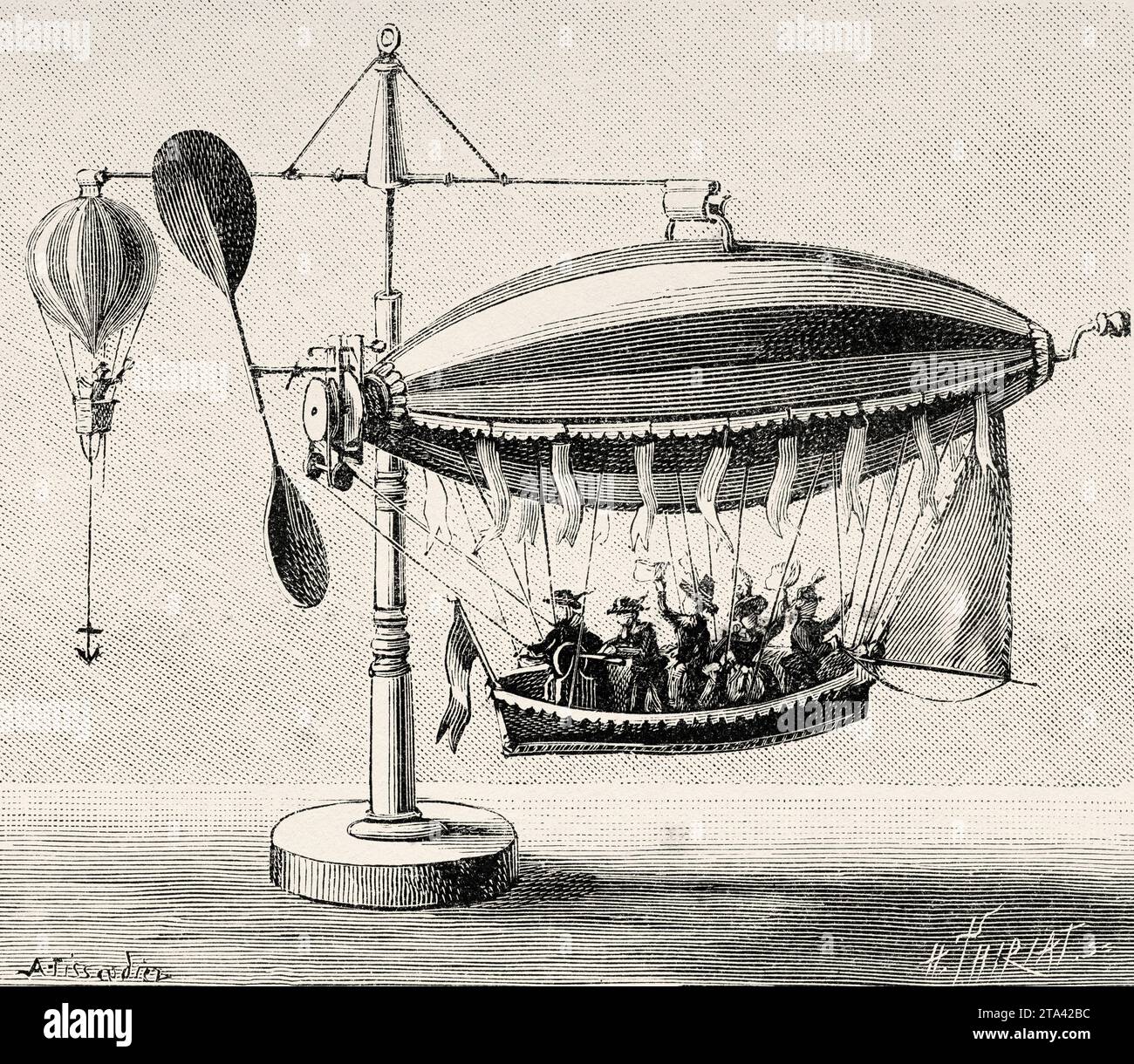 Dirigible aerostat toy assembled in a tivivo. Old illustration from La Nature 1887 Stock Photo