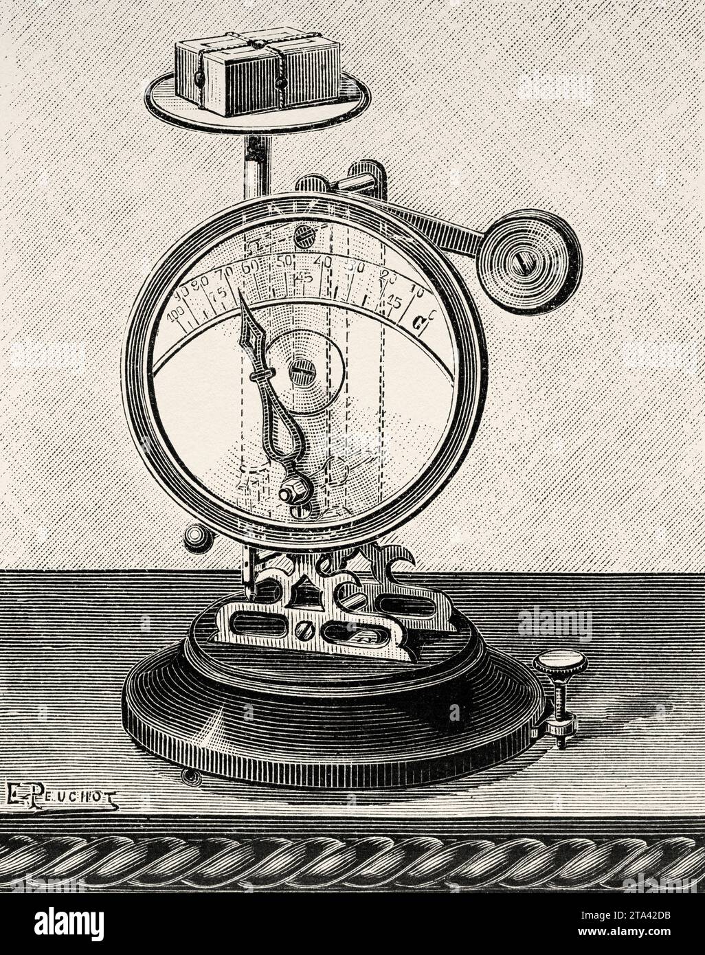 Pressure gauge scale without weight. Old illustration from La Nature 1887 Stock Photo