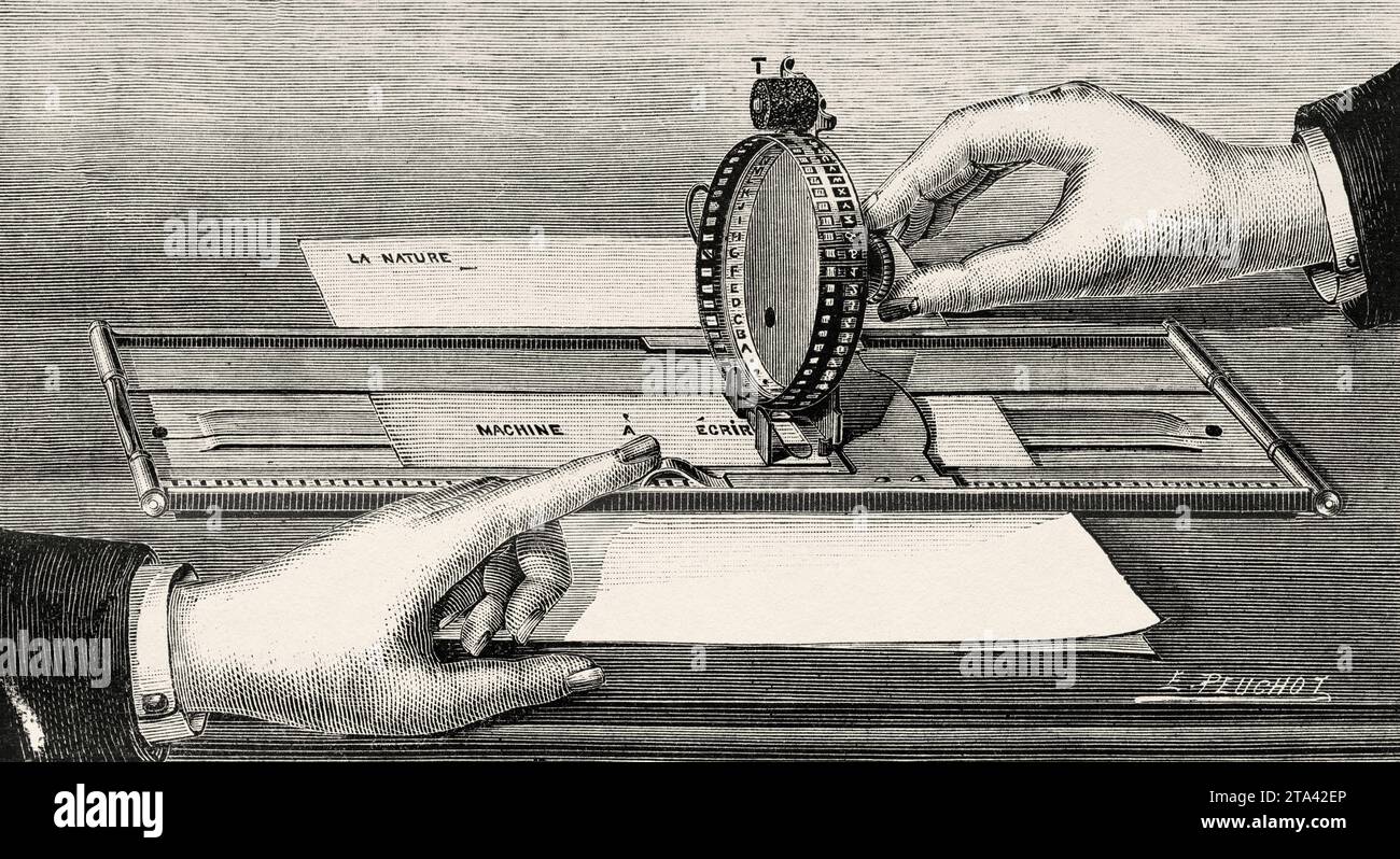 Small writing machine, Herrington system. Old illustration from La Nature 1887 Stock Photo