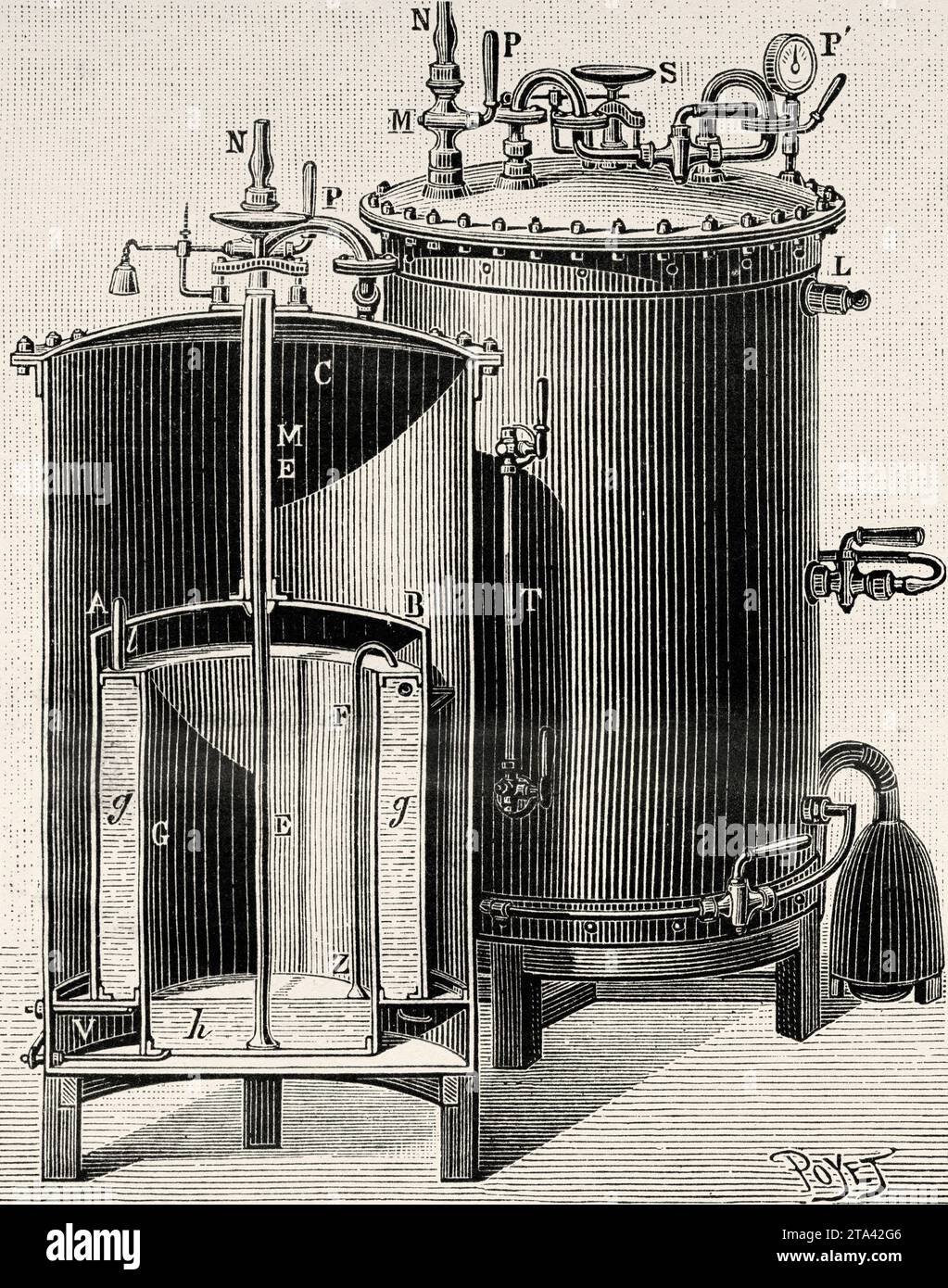 Apparatus for producing gasified air. Old illustration by Louis Poyet (1846-1913) from La Nature 1887 Stock Photo