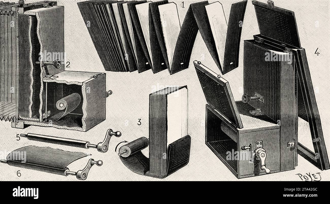 Perron's photographic camera. Old illustration by Louis Poyet (1846-1913) from La Nature 1887 Stock Photo