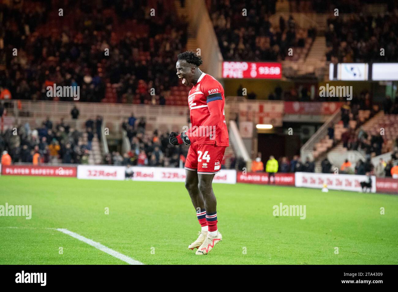 Middlesbrough's Alex Bangura celebrates after scoring during the Sky Bet Championship match between Middlesbrough and Preston North End at the Riverside Stadium, Middlesbrough on Tuesday 28th November 2023. (Photo: Trevor Wilkinson | MI News) Credit: MI News & Sport /Alamy Live News Stock Photo