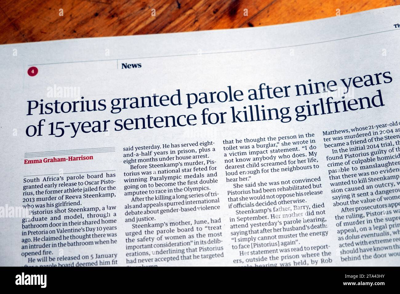 'Pistorius granted parole after nine years of 15 year sentence for killing girlfriend' Reeva Steenkamp Guardian newspaper headline 25 November 2023 UK Stock Photo