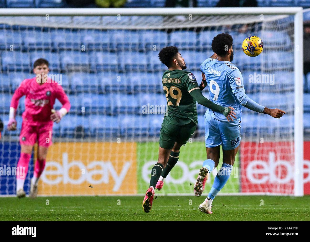 Kaine Kesler Hayden 29 of Plymouth Argyle defending Ellis Simms 9 of