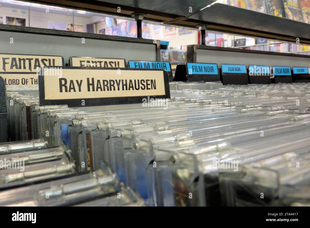Ray Harryhausen label at Amoeba Music store used DVD section; San Francisco, CA; British American special effects creator, stop motion animator. Stock Photo