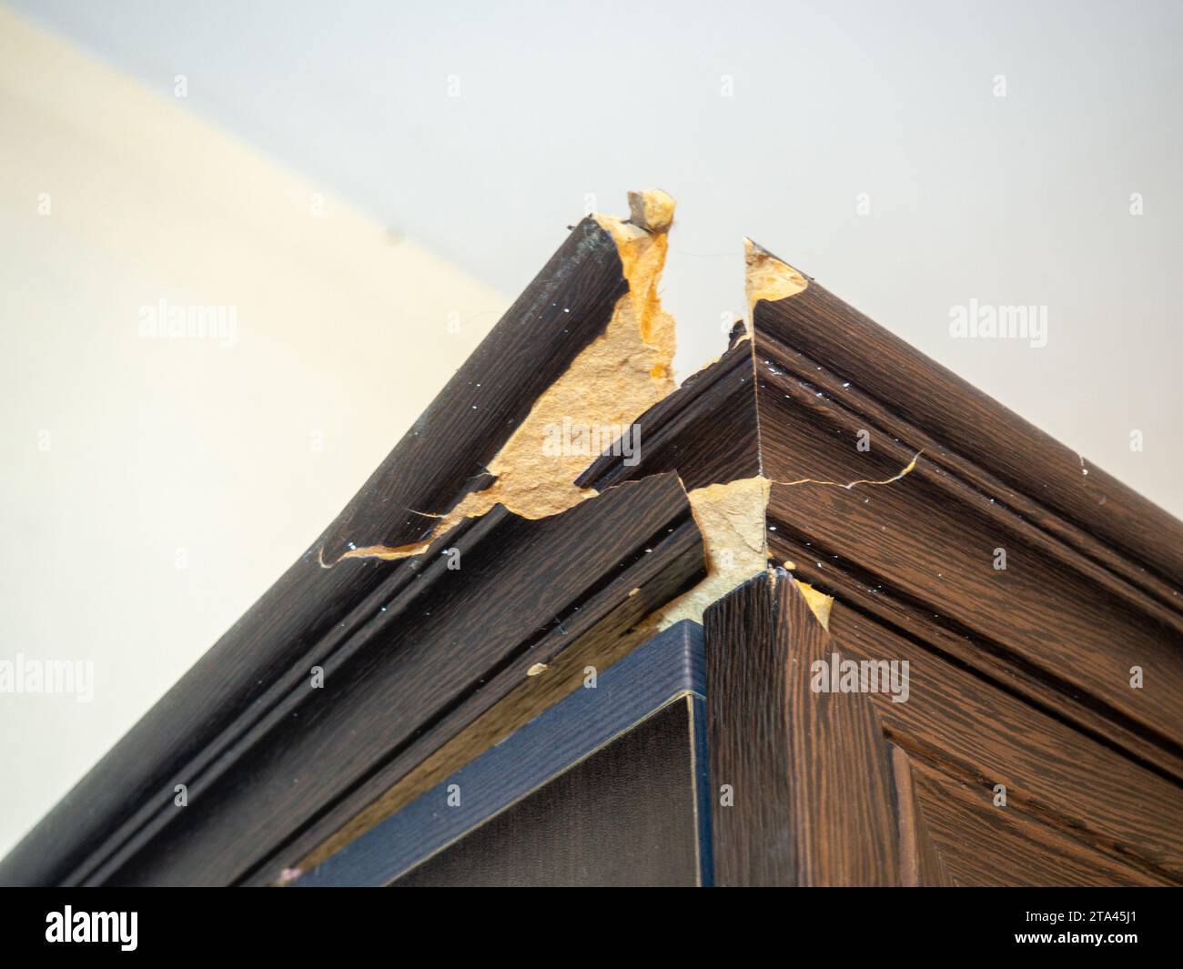 corner of the is broken. Crack in a wooden Breakage