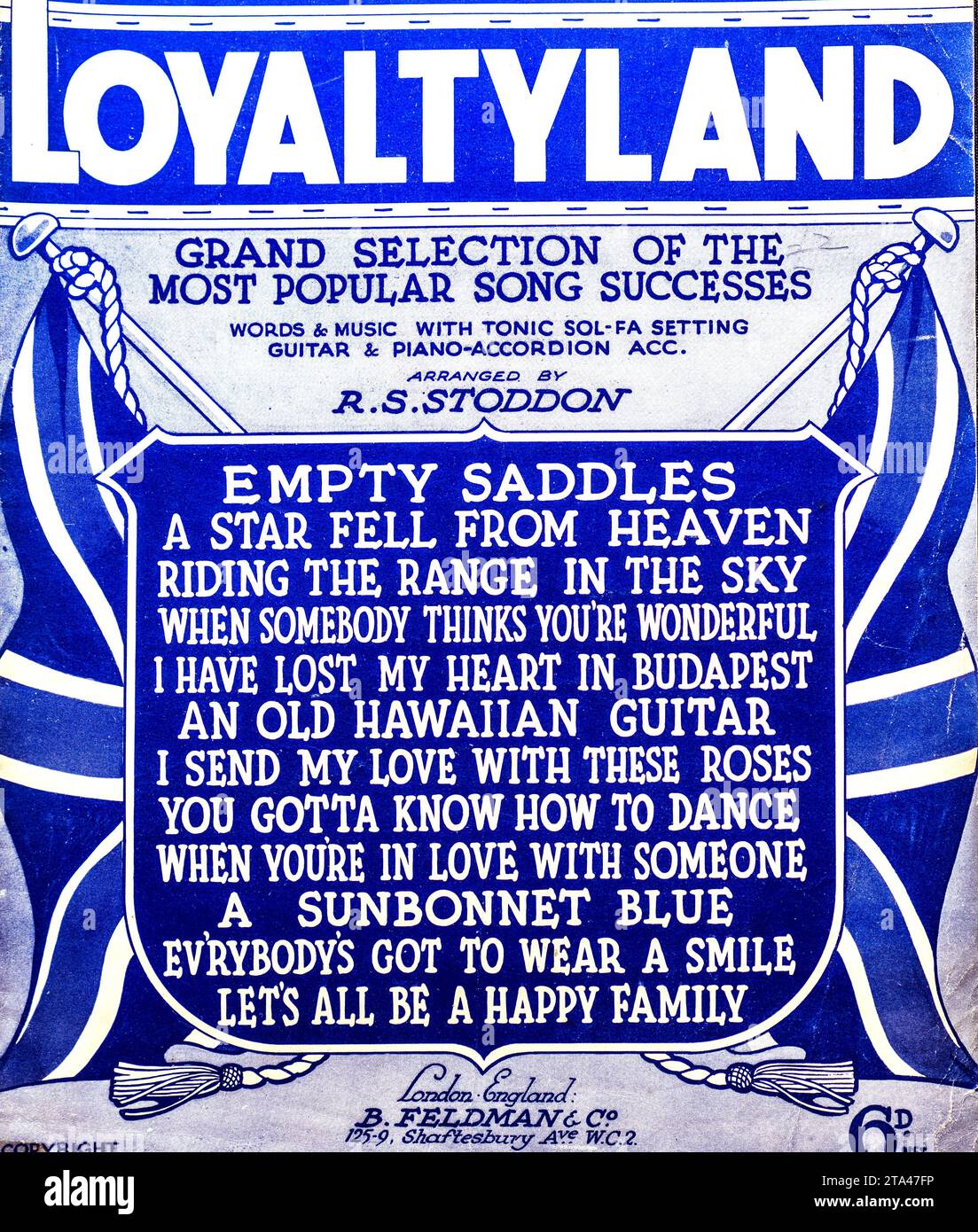 Vintage Compilation Music Sheet - 'Loyaltyland'. Early 20th-century sheet music collection cover titled 'Loyaltyland' with song titles. Stock Photo
