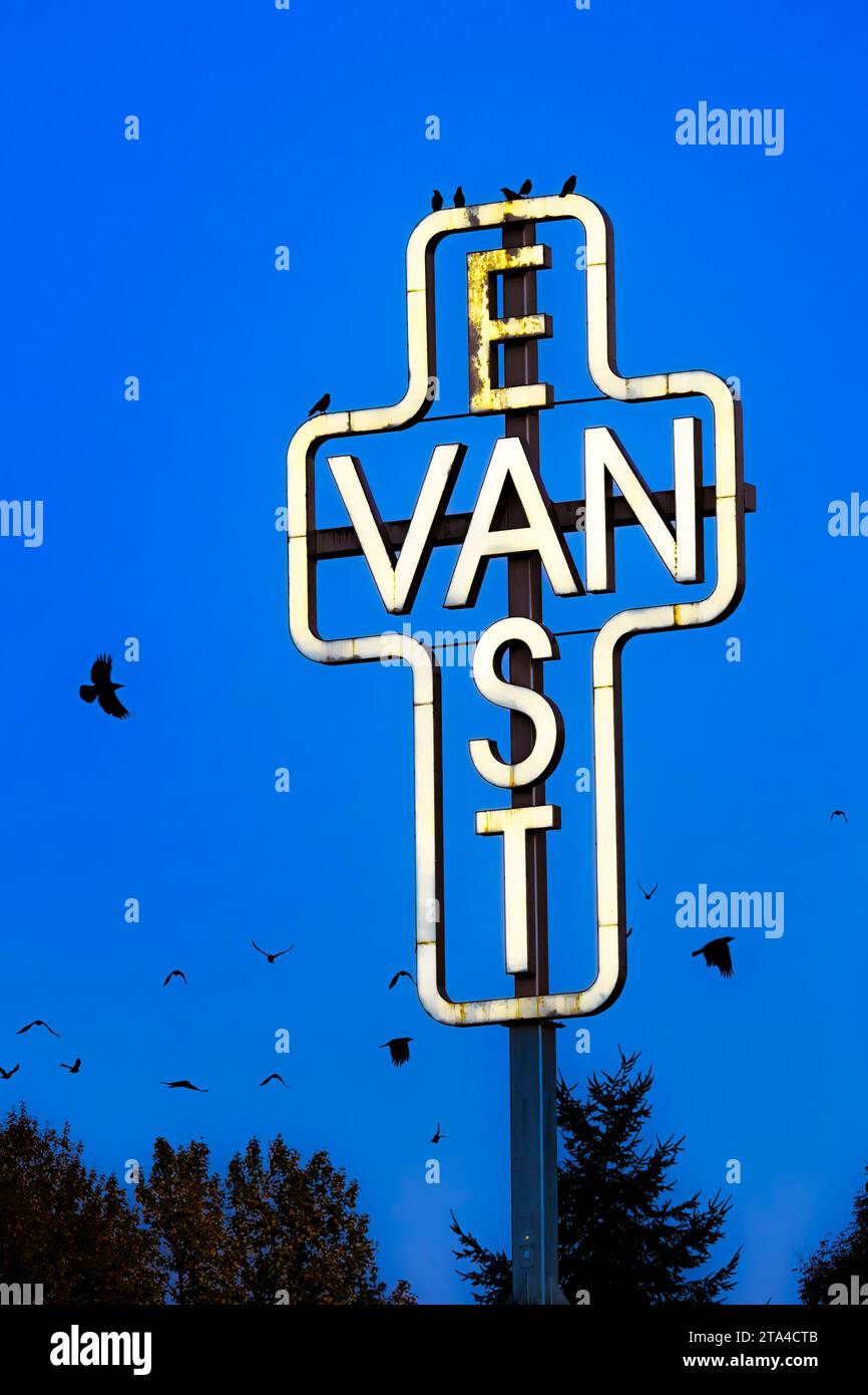 East Van Cross and crows flying to nighttime roost, Vancouver, British Columbia, Canada Stock Photo