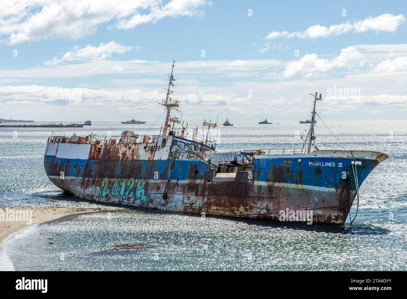 The wreck of the Magallanes II in Punta Arenas, Chile. A 1970 Japanese built fishing vessel. Stock Photo