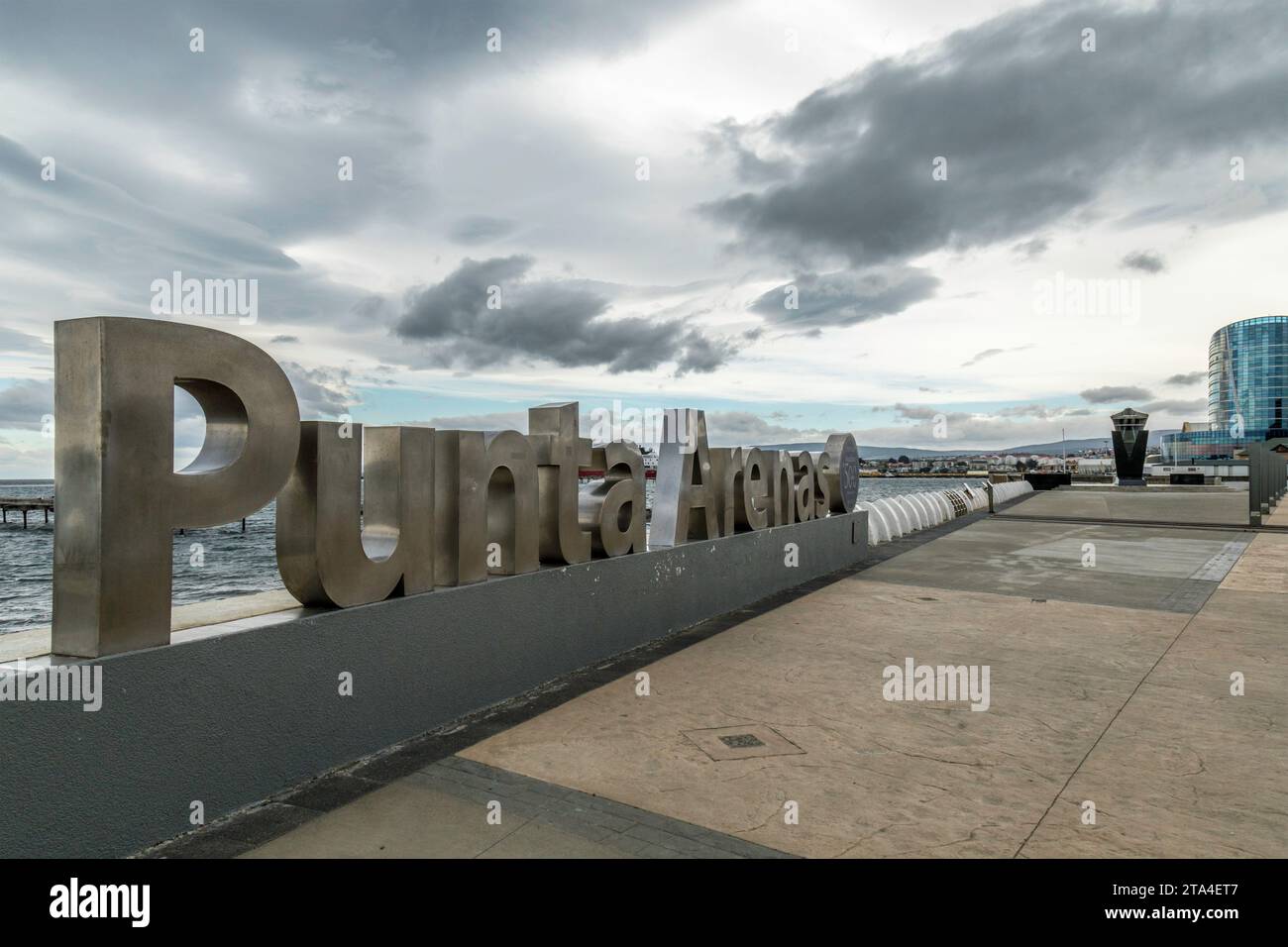 Large Punta Arenas sign on the waterfront of Punta Arenas in Chile. Stock Photo