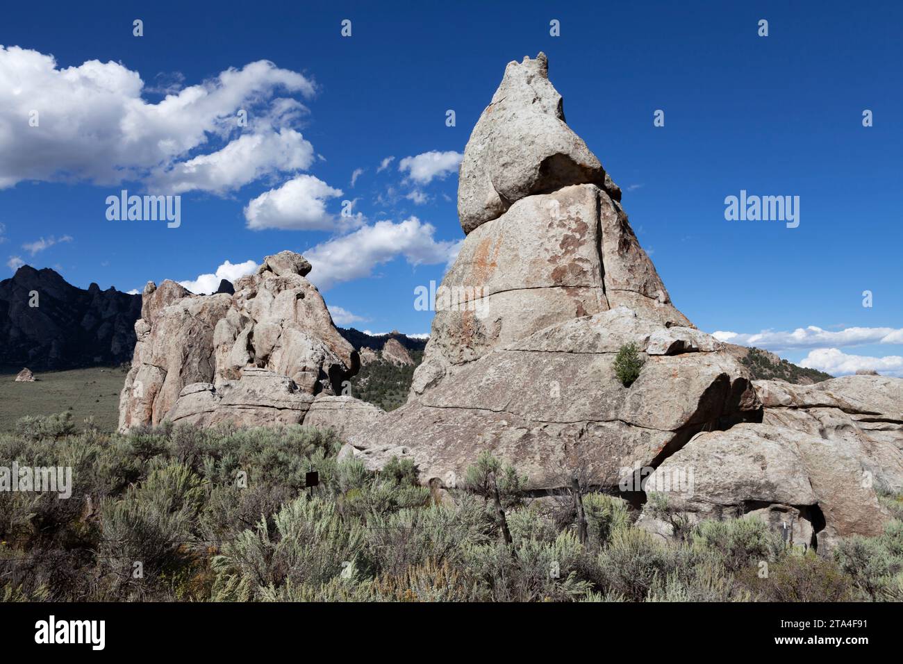 An Almo Pluton formation in the City of Rocks National Reserve in Idaho. Once home to the Shoshone and Bannock tribes City of Rocks was a stopover poi Stock Photo