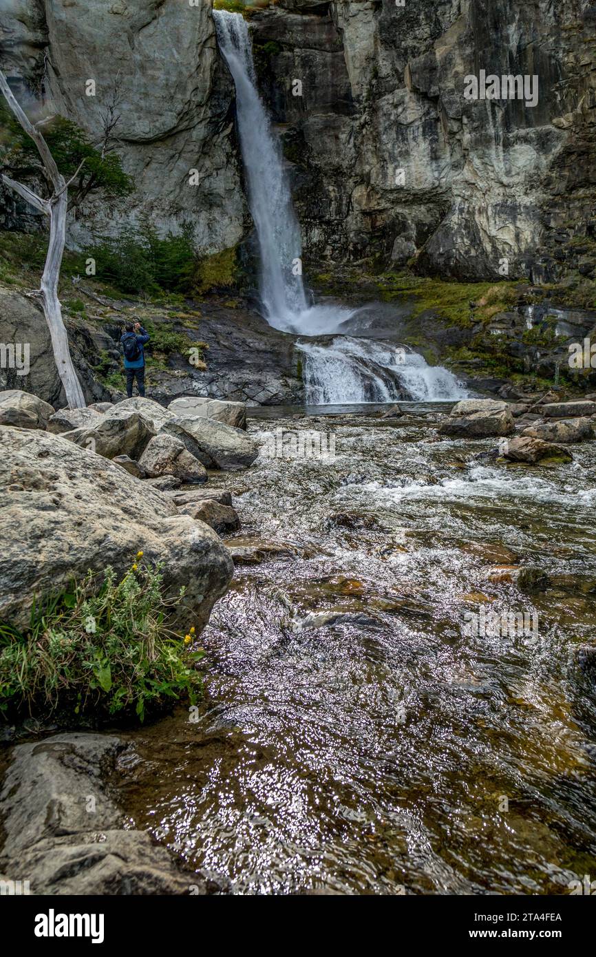 Waterfall on the Chorrillo Del Salter trek from El Chalten in Patagonia, Argentina. Stock Photo